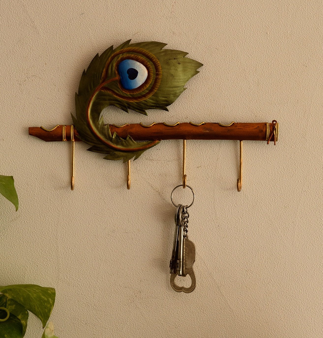 eCraftIndia Mor Pankh Wrought Iron Key Holder (25 cm x 1 cm x 15, Green and Brown)