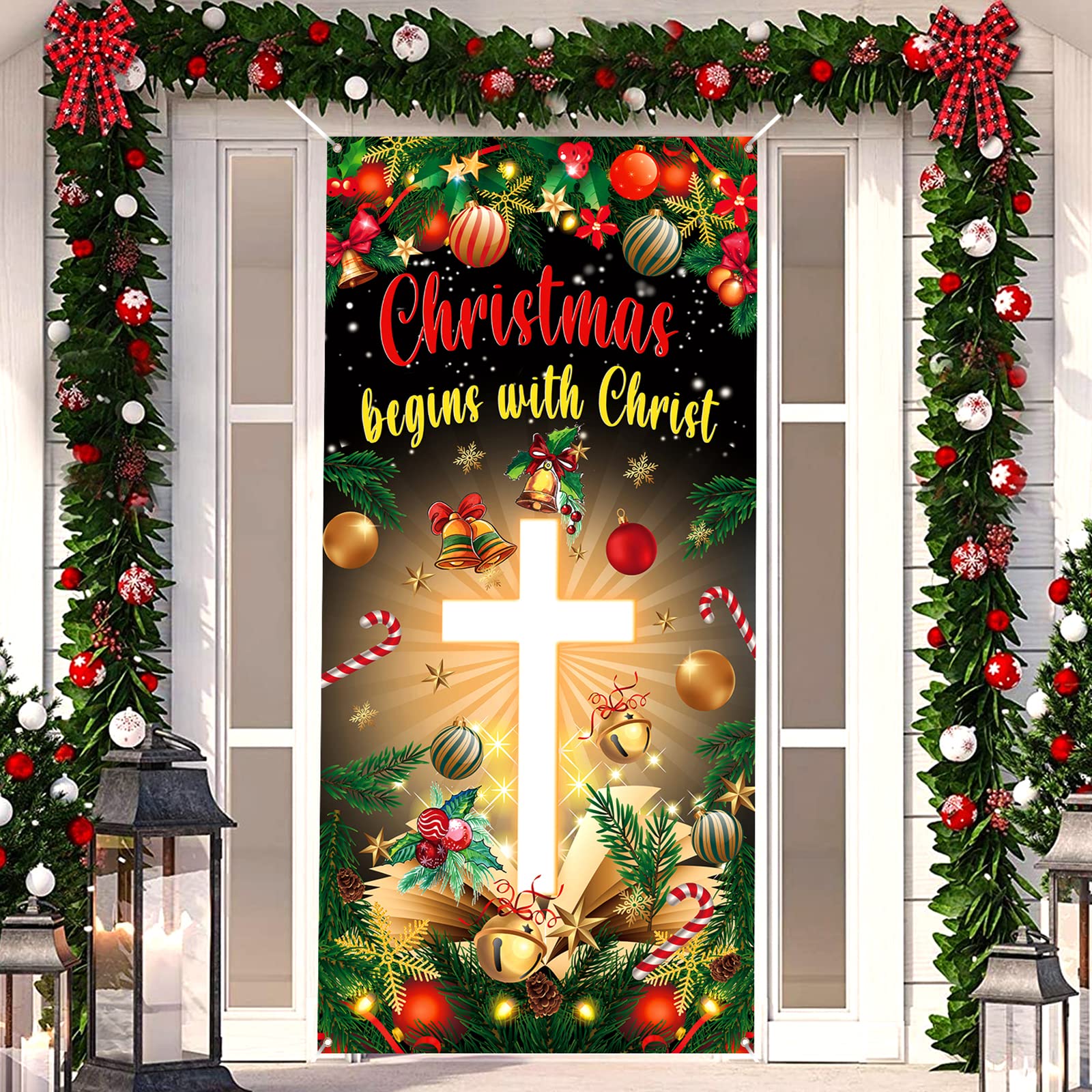 Christmas Cross Door Cover Nativity Cross Religious Door Decorations Banner Christmas Begins With Christ Porch Sign Photo Backdr