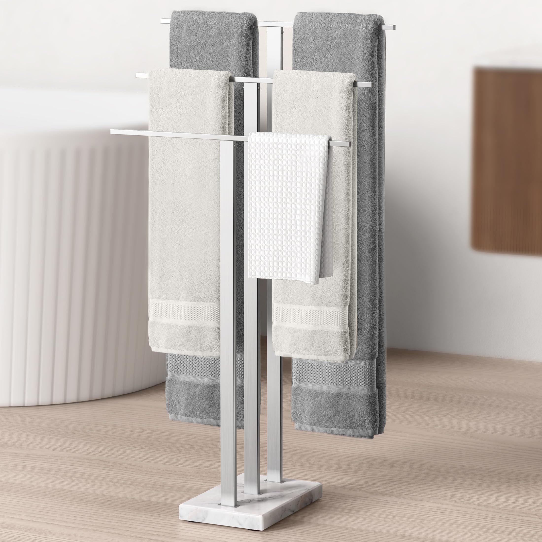 Kes Standing Towel Rack 3-Tier With Heavy Marble Base, Free Standing Towel Racks For Bathroom Floor, Sus304 Stainless Steel Brus