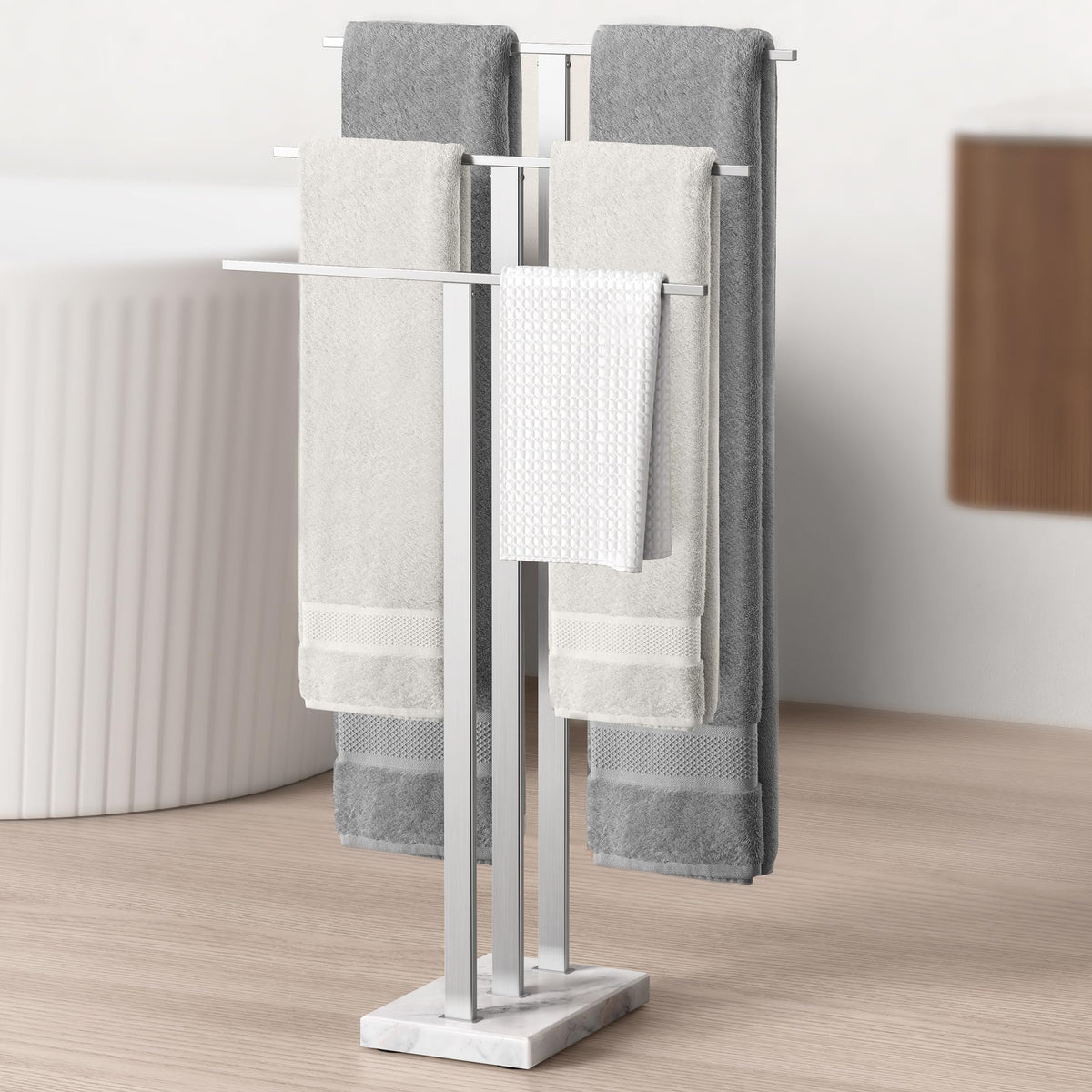 Kes Standing Towel Rack 3-Tier With Heavy Marble Base, Free Standing Towel Racks For Bathroom Floor, Sus304 Stainless Steel Brus