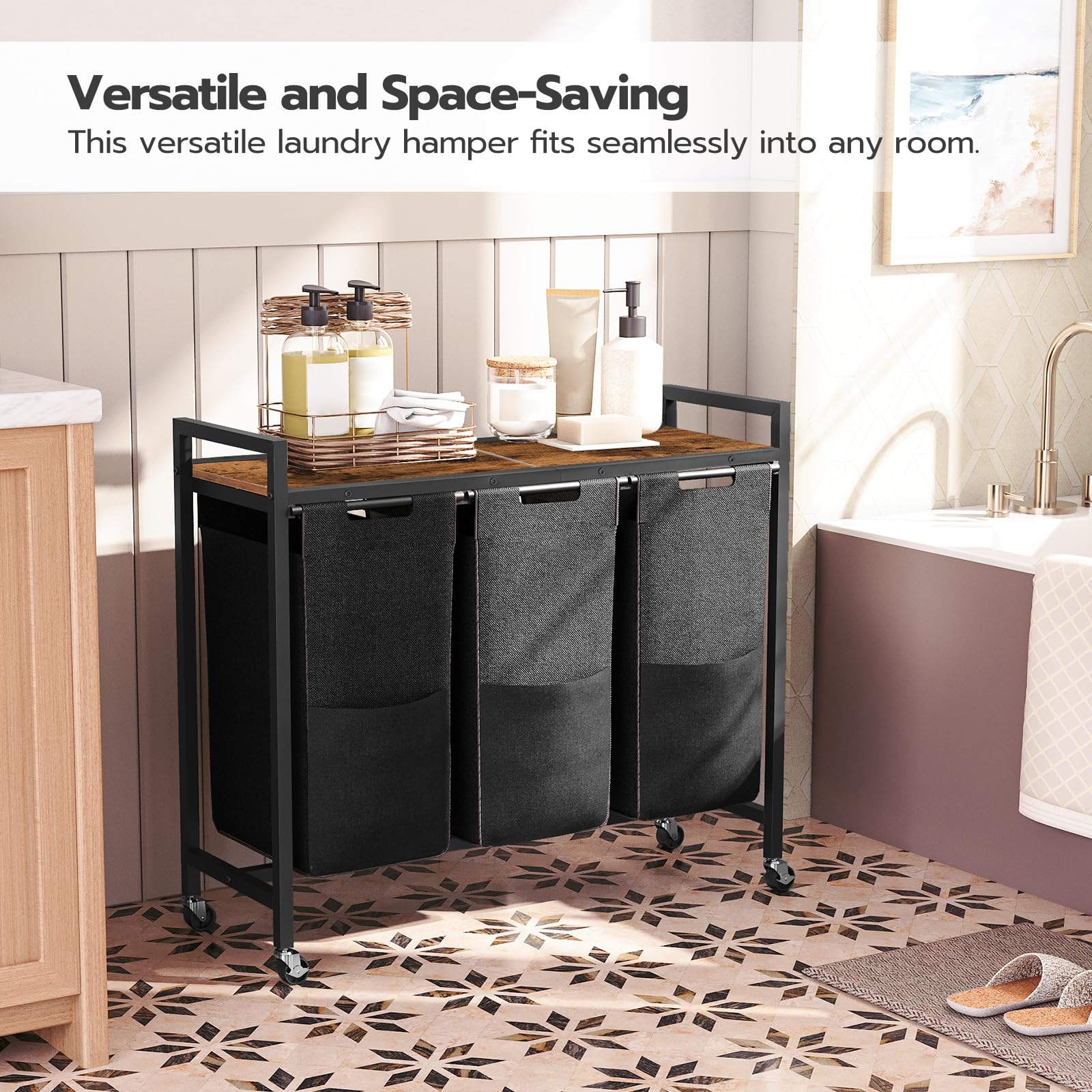 Hoobro Laundry Sorter 3 Section, Laundry Hamper With Wheels, 3    11.5 Gal (43.4L), Rolling Laundry Basket, Pull-Out And Removab