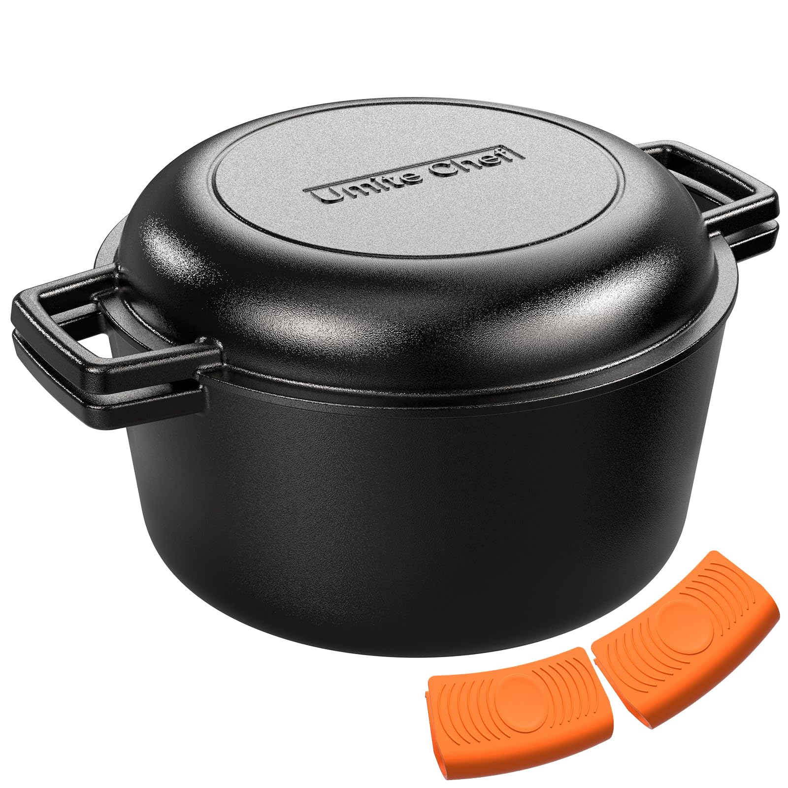 2-In-1 Pre-Seasoned Cast Iron Double Dutch Oven Pot With Skillet Lid & Silicone Sleeves - Raised Rib Skillet Lid- Umite Chef Cas