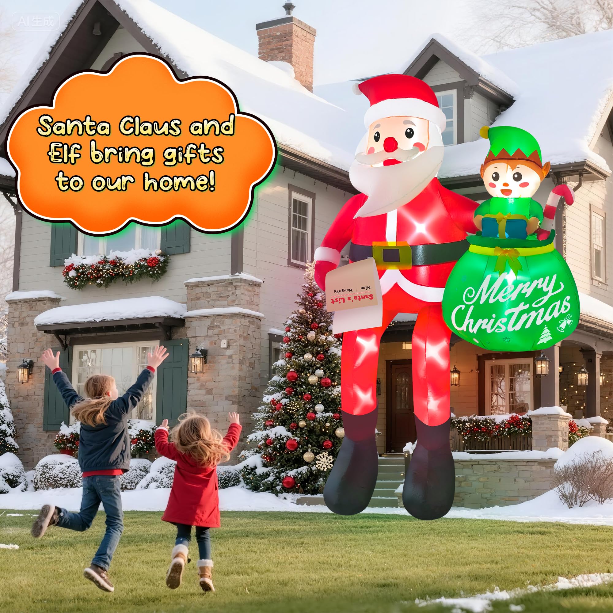 CORALMEE 10 FT Christmas Inflatables Santa Claus, Christmas Blow Up Yard Decorations with Built-in LEDs & Elf, Climbing Santa In