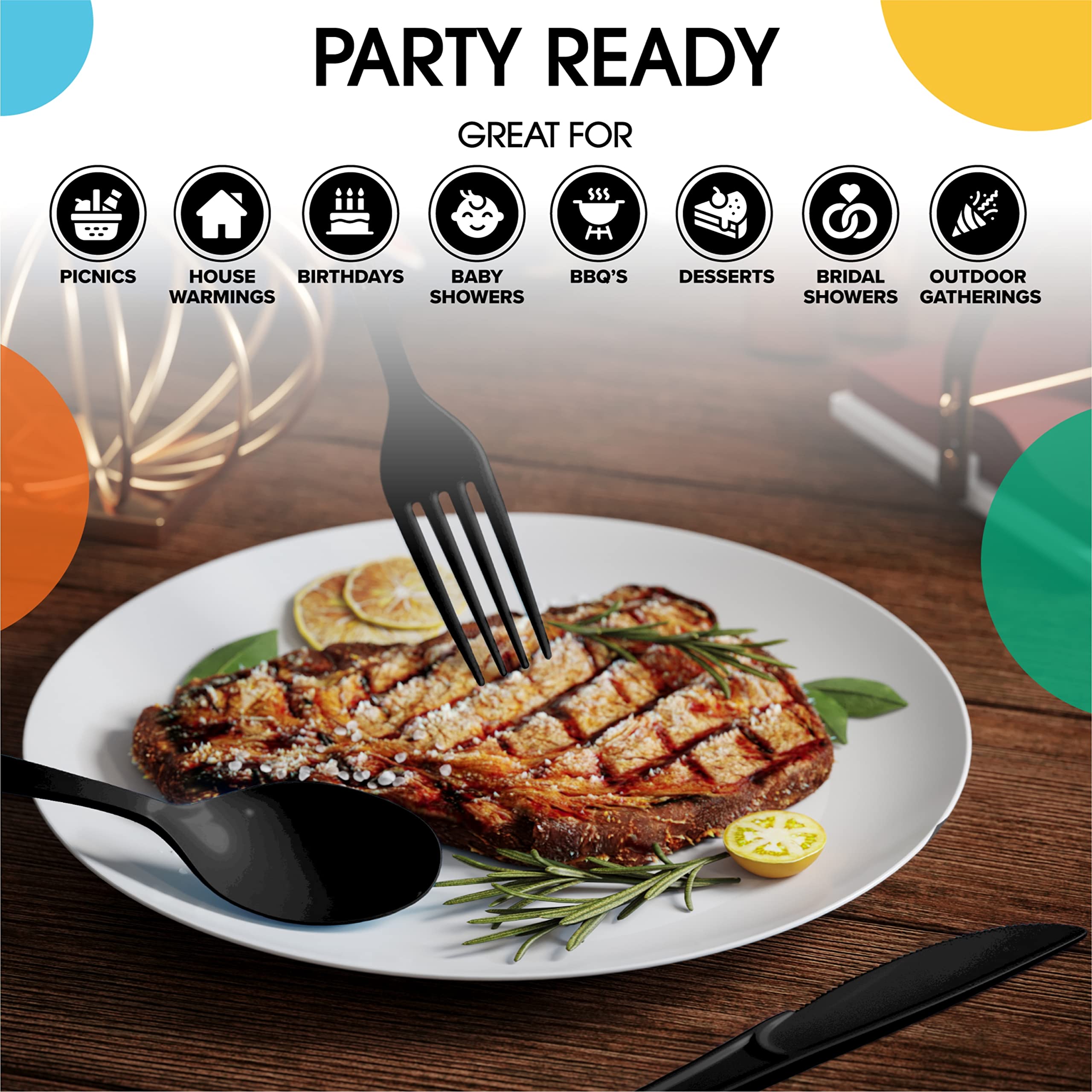 Exquisite Solid Color Premium Plastic Cutlery, Heavy Duty Plastic Disposable Forks - 50 Count - Black