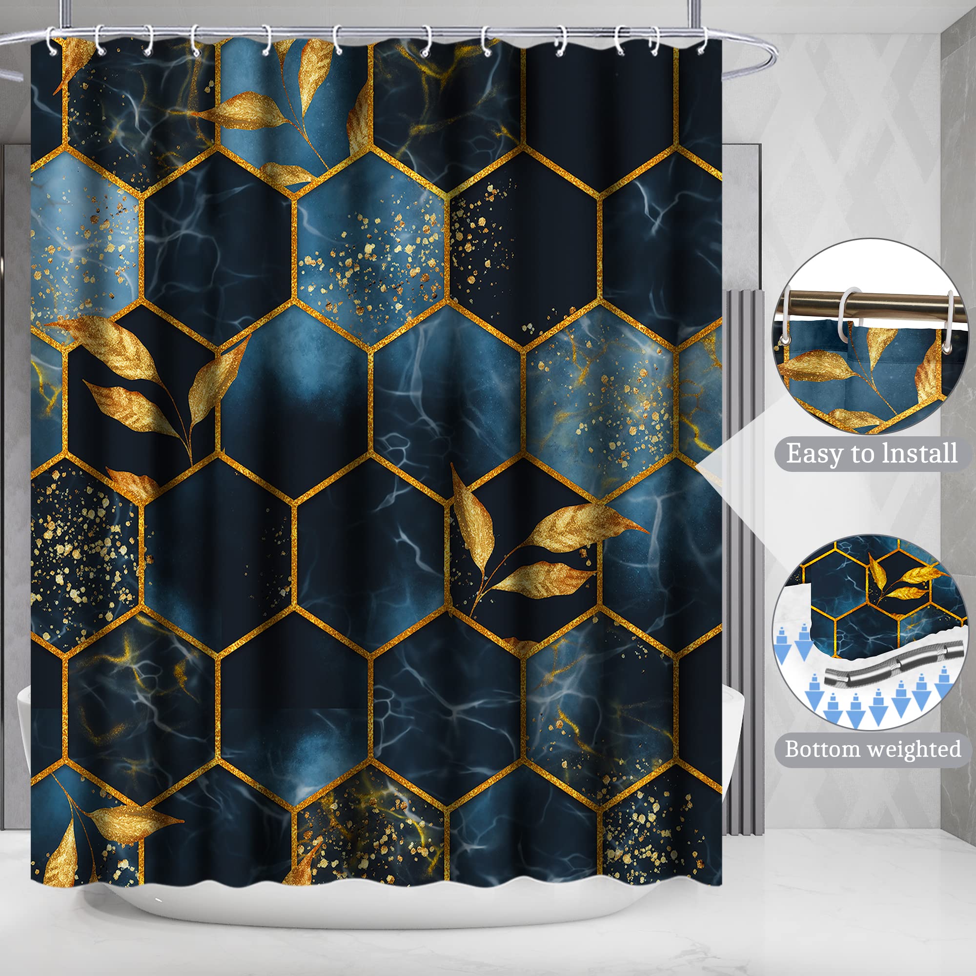 Poedist 4 Pcs Bathroom Shower Curtain Set,Bathroom Sets With Rugs(Bath Mat,U Shape And Toilet Lid Cover Mat) And 12 Hooks,Black