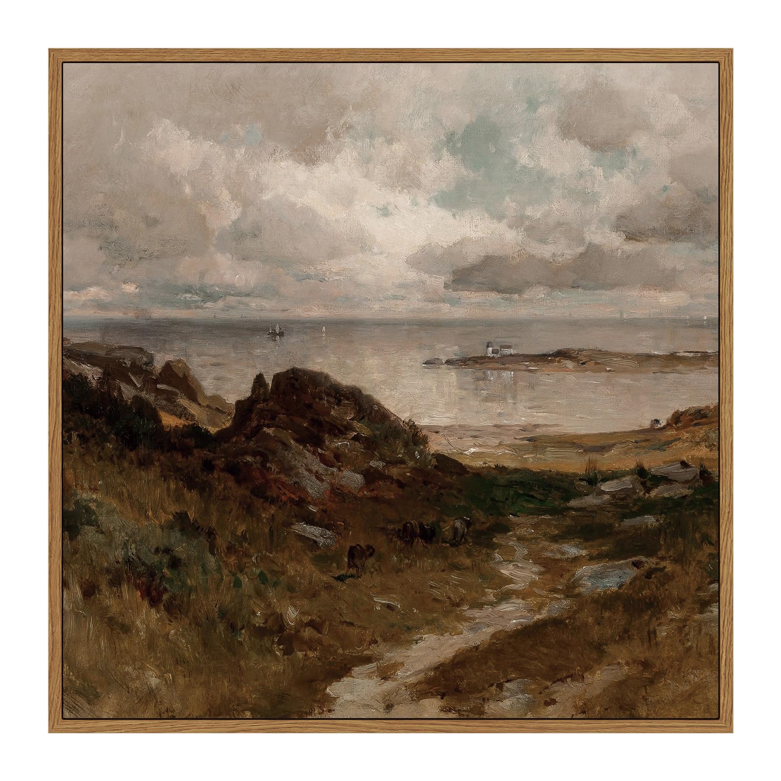 Insimsea Square Framed Canvas Wall Art, Landscape Decor Retro Seaside Path Wilderness Oil Paintings For Wall Art Prints Home Dec