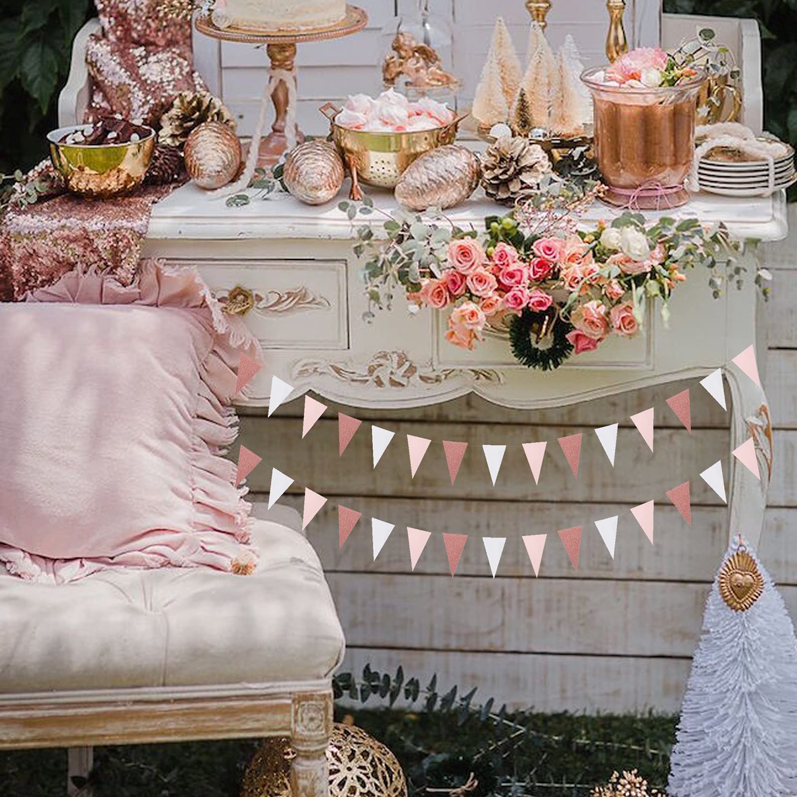 Pink-White Rose-Gold Party Decorations Banner - 2 Pack Engagement Baby Bridal Shower Paper Pennant Triangle Flags, Girl Birthday