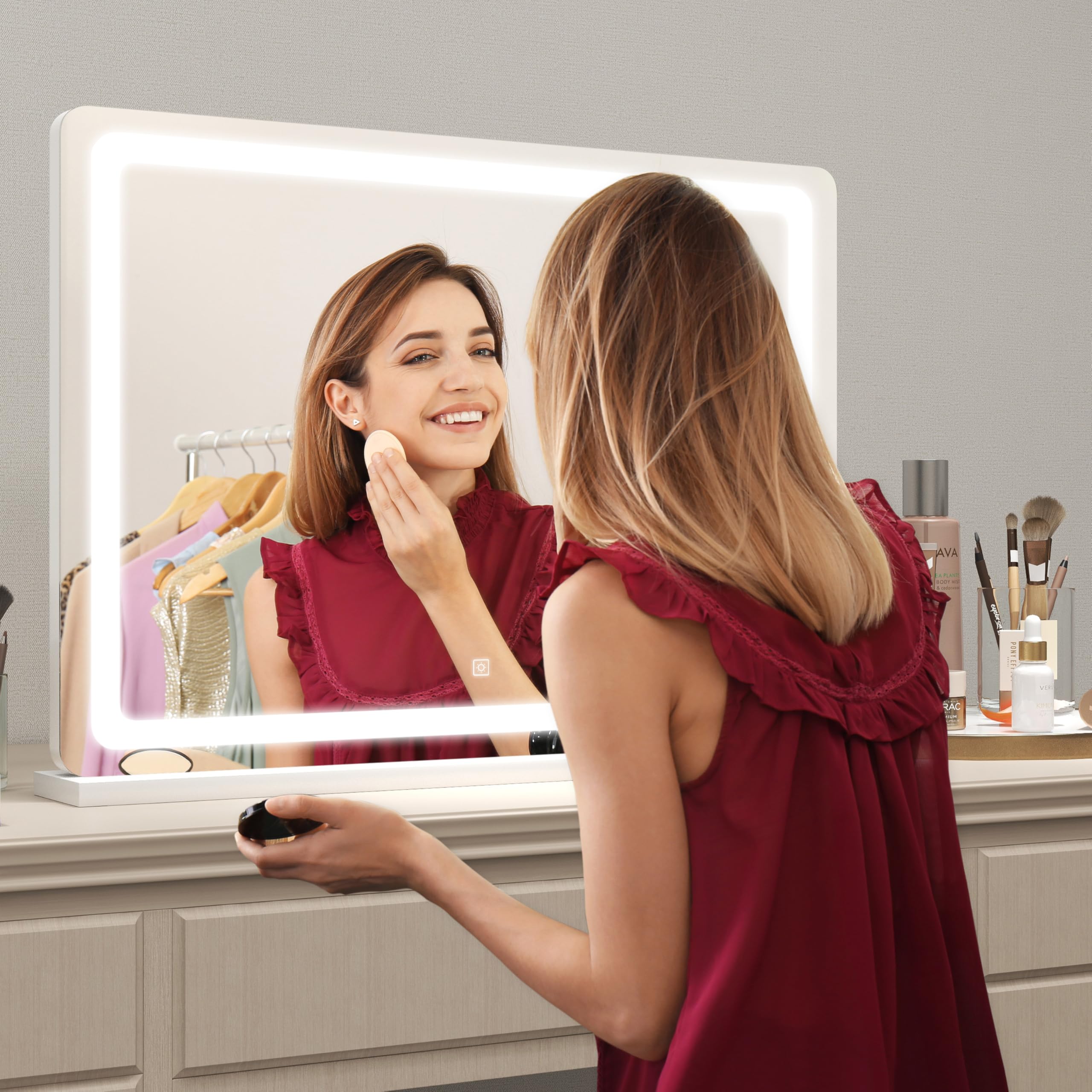 Hnv 31X21 Lighted Vanity Mirror With Lights - Large Makeup Mirror, 3-Color Dimmable Led, Touch Screen, Usb Charging Port, Tablet