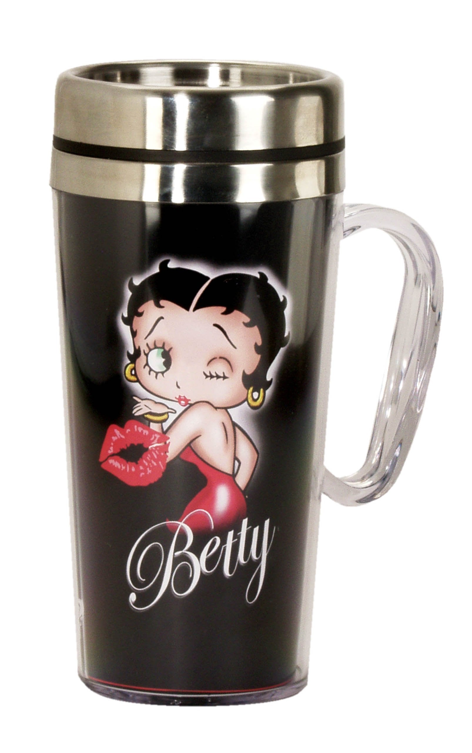 Spoontiques - Insulated Travel Mug - Betty Boop Kiss Coffee Cup - Coffee Lovers Gift - Funny Coffee Mug - 14 oz - Black, 1 Count