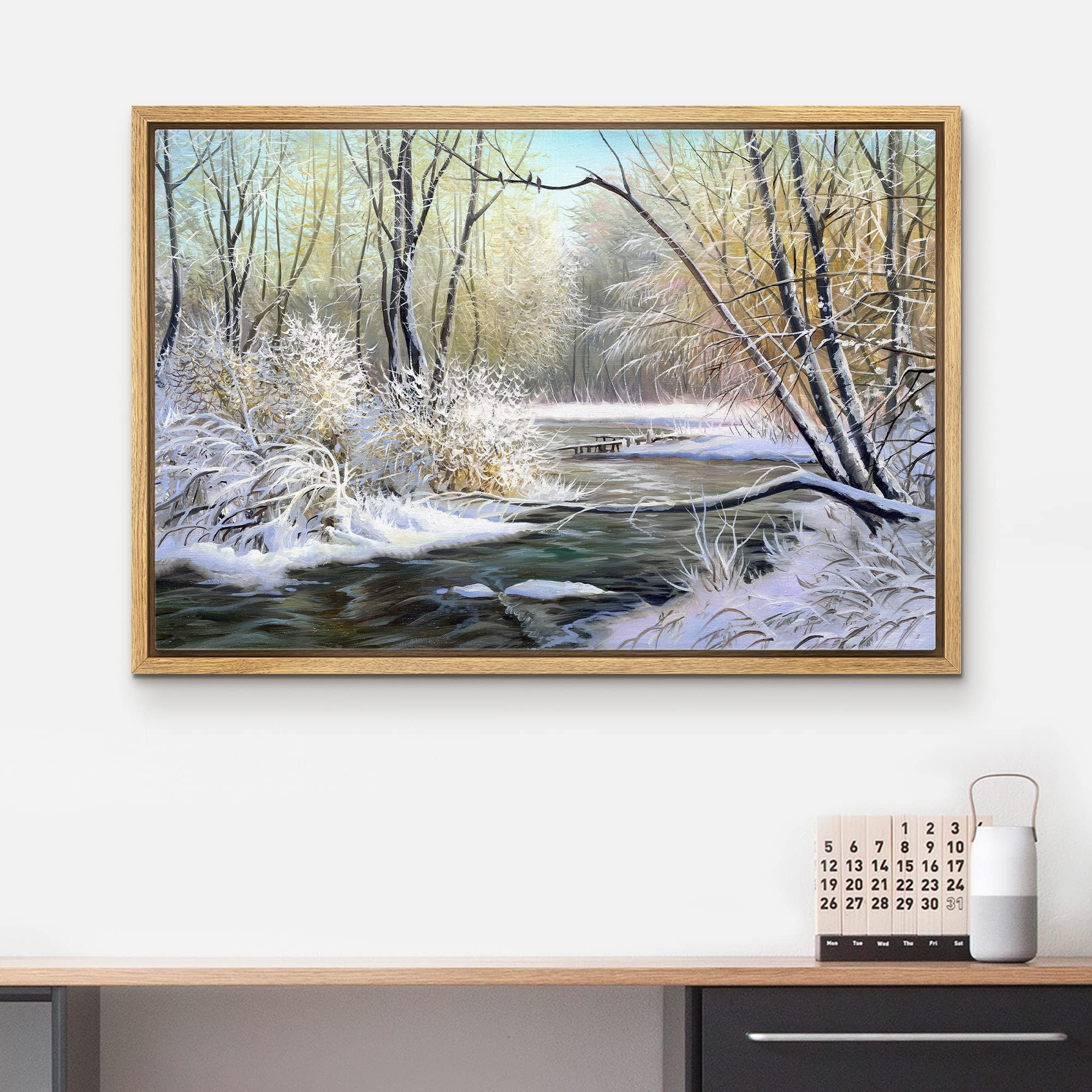 Wall26 Framed Canvas Print Wall Art Winter River In Snowy Forest Nature Wilderness Illustrations Modern Art Rustic Scenic Colorf