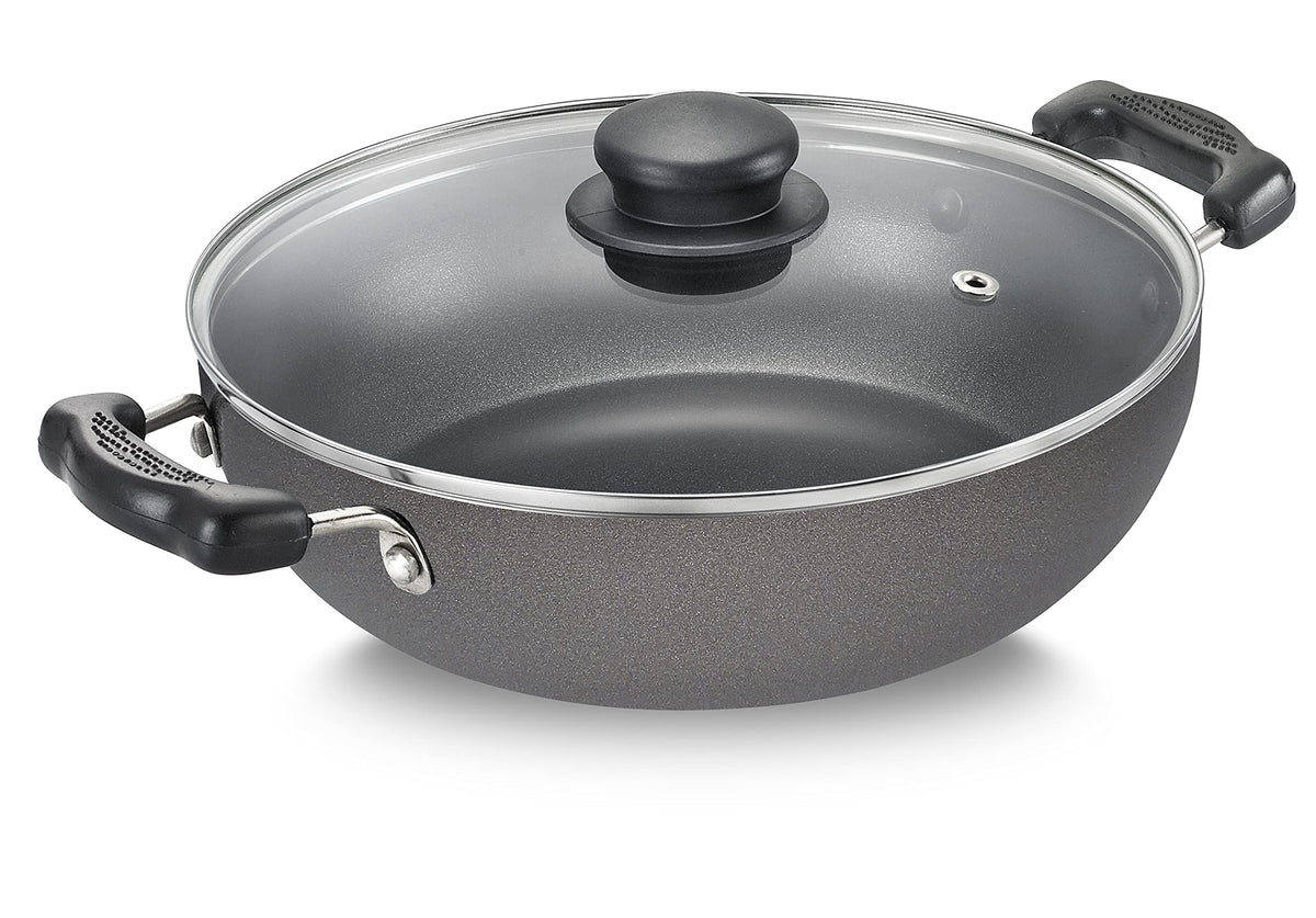 Prestige Omega Select Plus Aluminium Kadai With Glass Lid |Multicolour | Induction Base | Non-Stick Pfoa Free | Sturdy Handles |