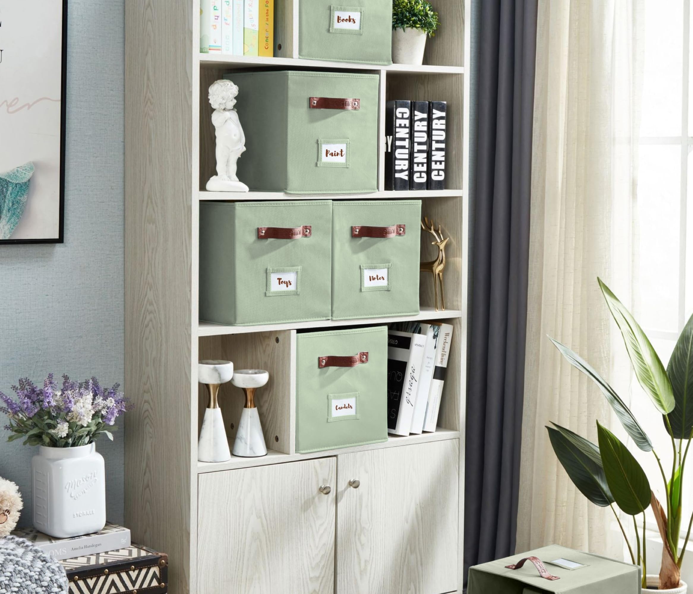 DECOMOMO Storage Cubes, 13x13x13 Storage Cube Bins with Labels, Fabric Organizer Bins (13 / 6pcs, Sage Green)