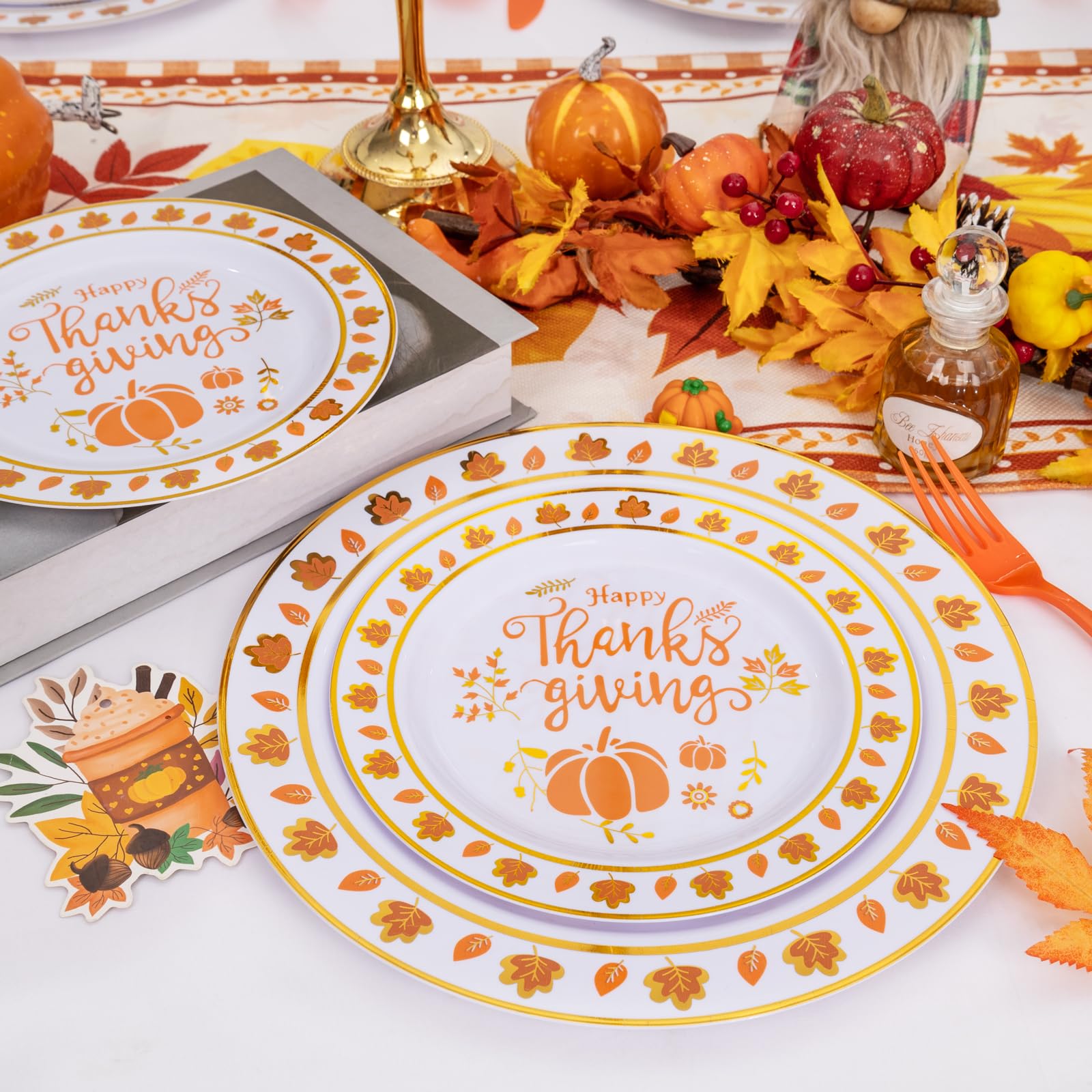 EI 60pcs Thanksgiving Plastic Plates,Thanksgiving Party Supplies,White and Gold Orange Plastic Plates,Fall Plastic Plates Dispos