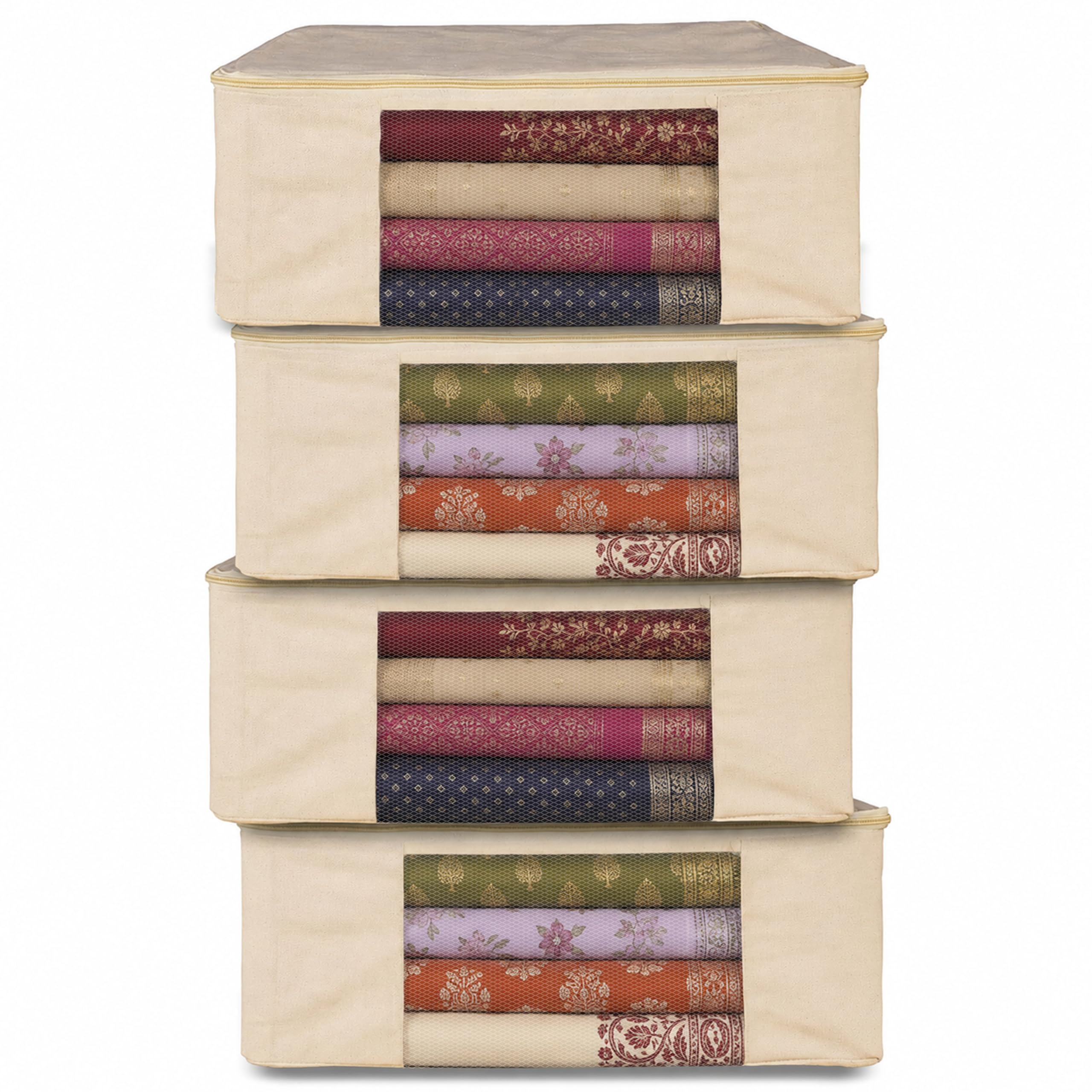 Jd Fresh 4 Pcs Cotton Saree Cover For Wardrobe/Space Saving Bag With Zip Closure & Big Transparent Window/WardrobeCupboard Orga