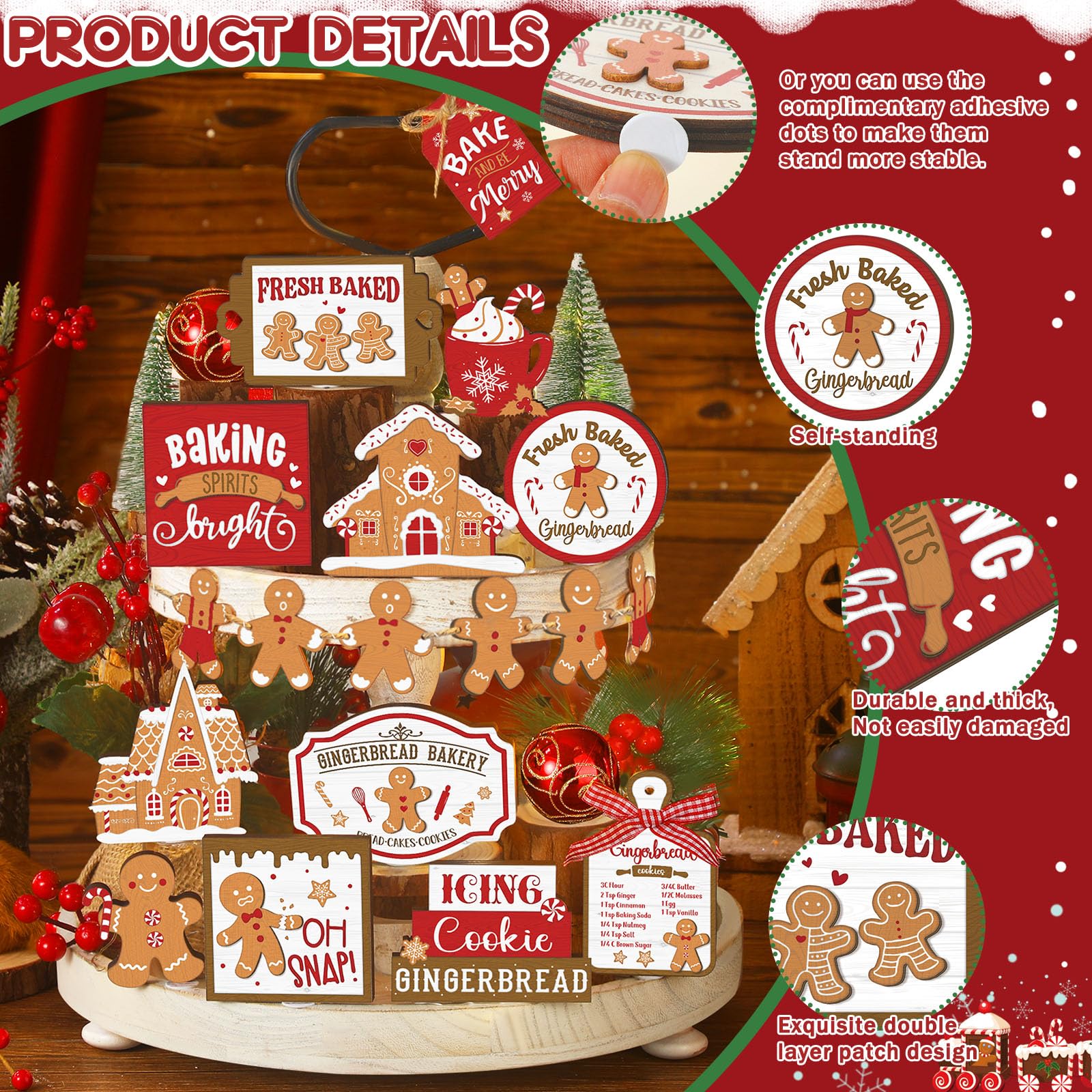 Funnymoom 17 Pcs Christmas Tiered Tray Decor Set Gingerbread Man Christmas Tiered Tray Decoration Gingerbread House Wooden Sign