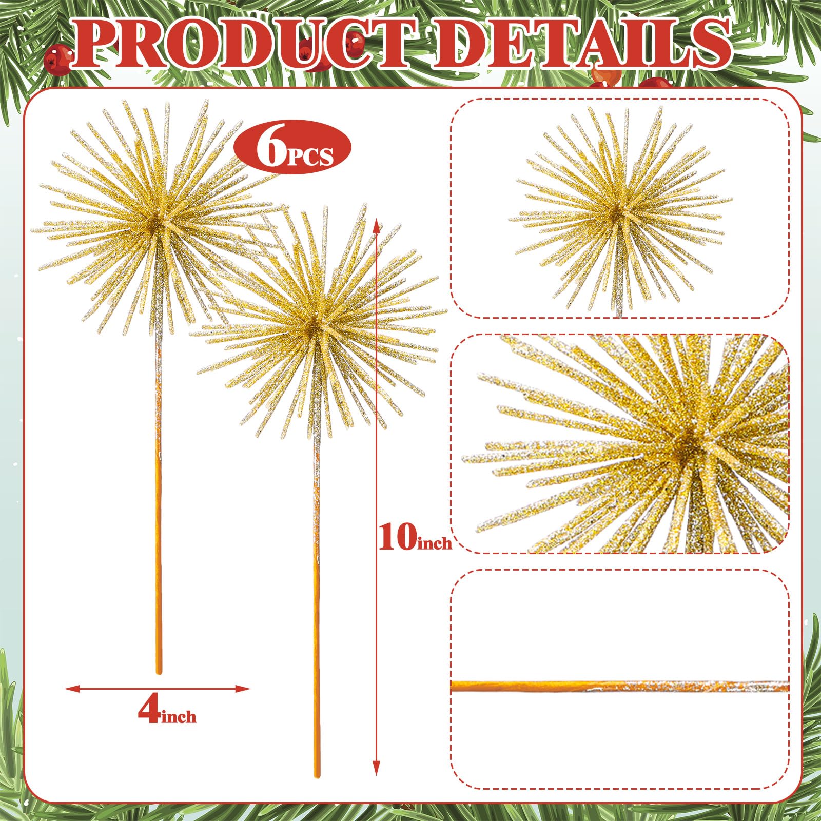 Yalikop 6 Pcs 10 Inch Starburst Christmas Tree Picks Glitter Christmas Star Tree Filler Table Centerpieces for DIY Wreath Crafts