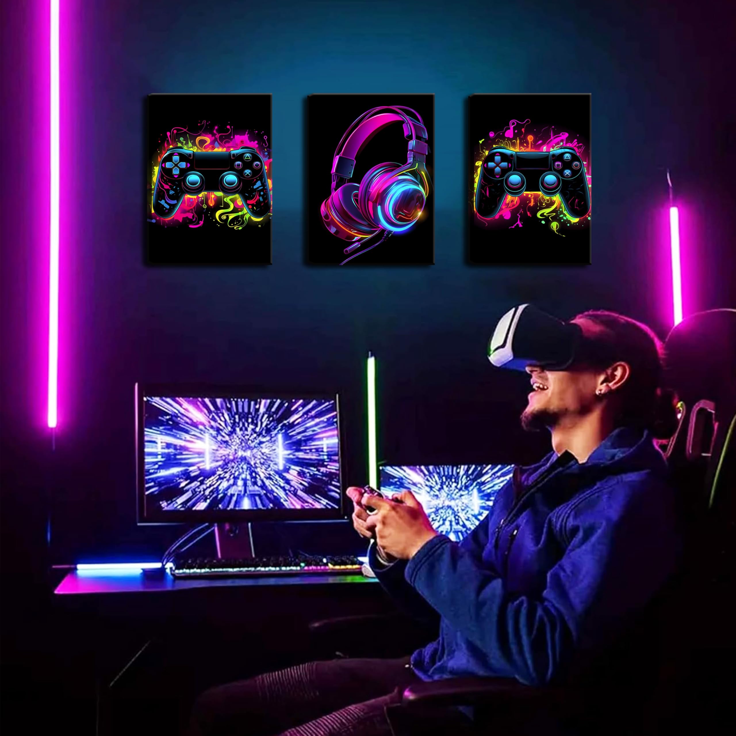 Bgfce Game Room Decor Set Of 3, Neon Gaming Video Game Room Wall Art, Gaming Canvas Paintings Posters Prints For Teen Boys Room