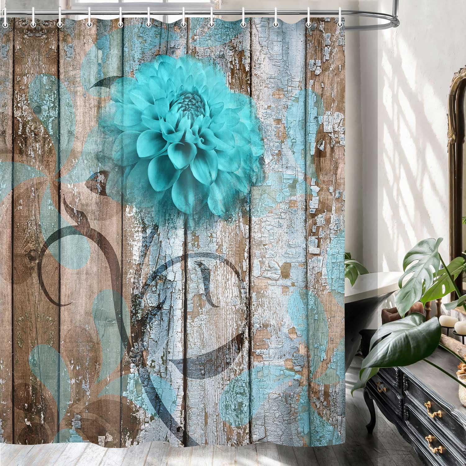 Jawo Farmhouse Flower Floral Shower Curtain, Rustic Teal Turquoise Dahlia Shower Curtain Set, Country Blue Wild Garden Plant Fab
