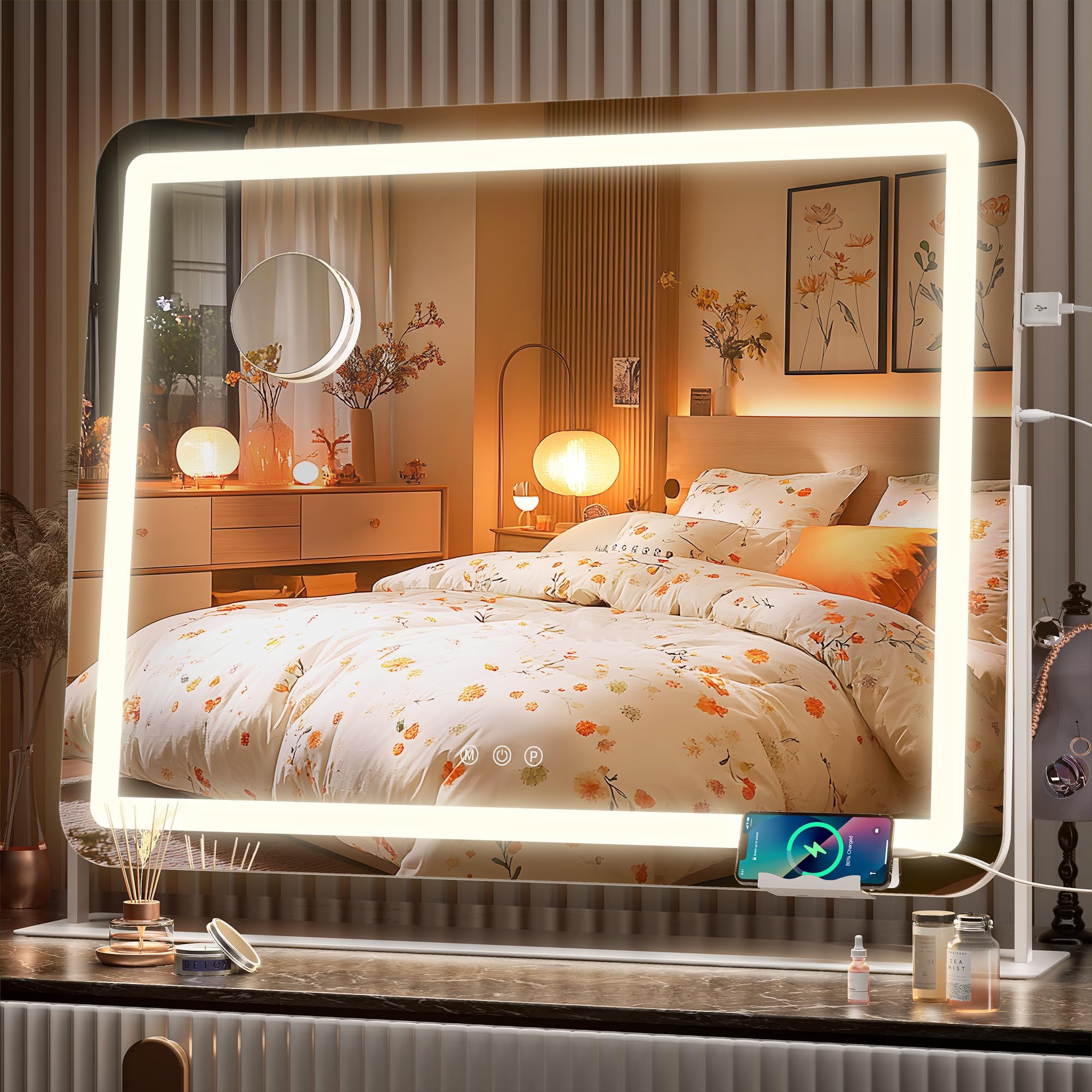 Hasipu Vanity Mirror With Lights, 23.6'' X 19.7'' Led Makeup Mirror, Light Up Mirror With 10X Magnification And Phone Holder, Us