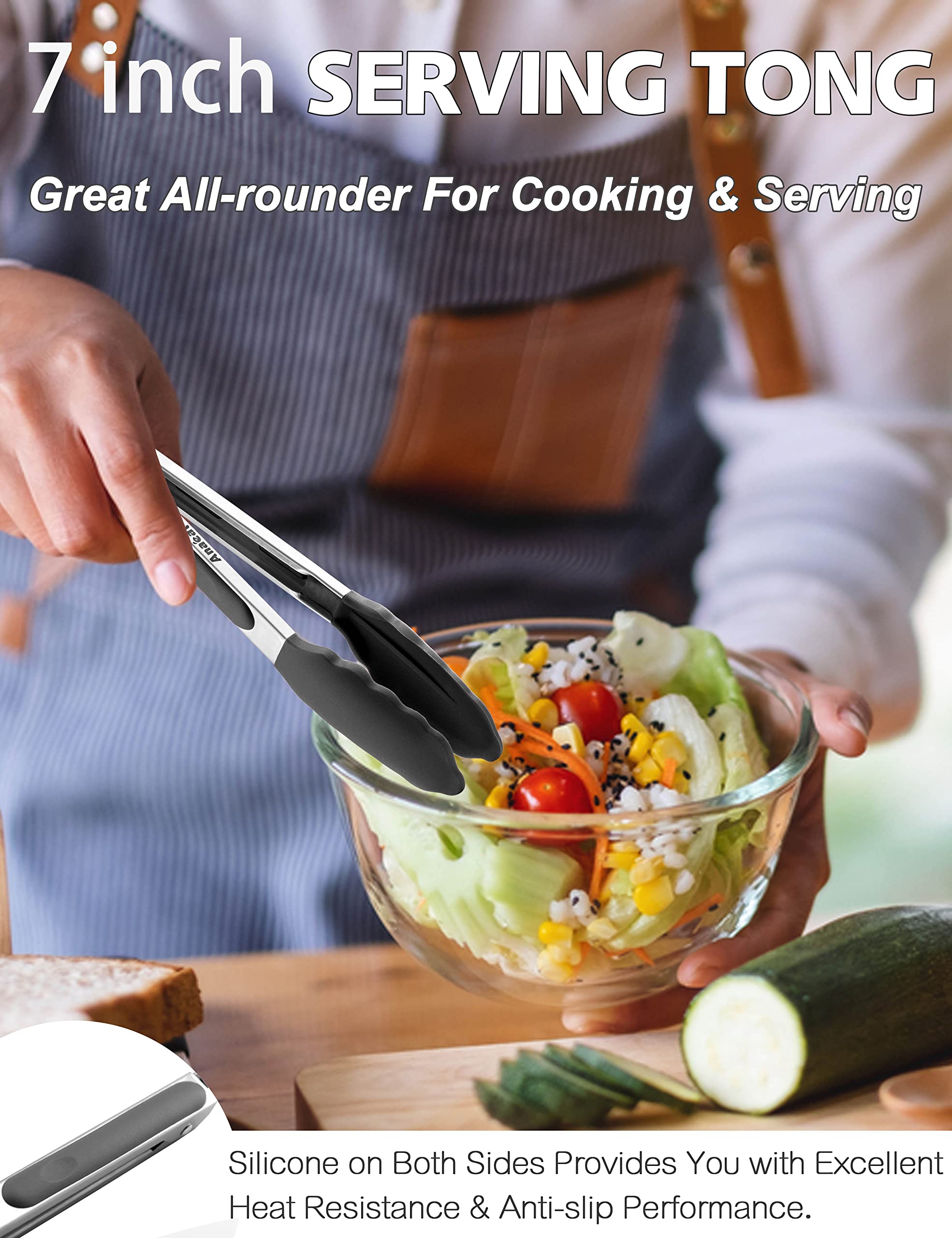 Anaeat Non-Stick Silicone Locking Tong - Stainless Steel 7'' Mini Kitchen Food Tongs With Non-Slip Silicone Tips And Grip For Co