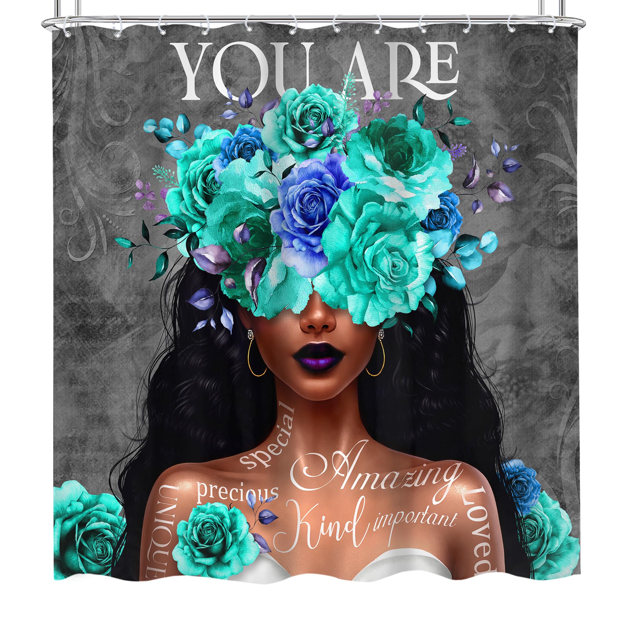 Omifly African American Woman Shower Curtain 72Wx72H Inch Black Girl Teal Flower Rose Inspirational Quotes You Are Aesthetic Mod