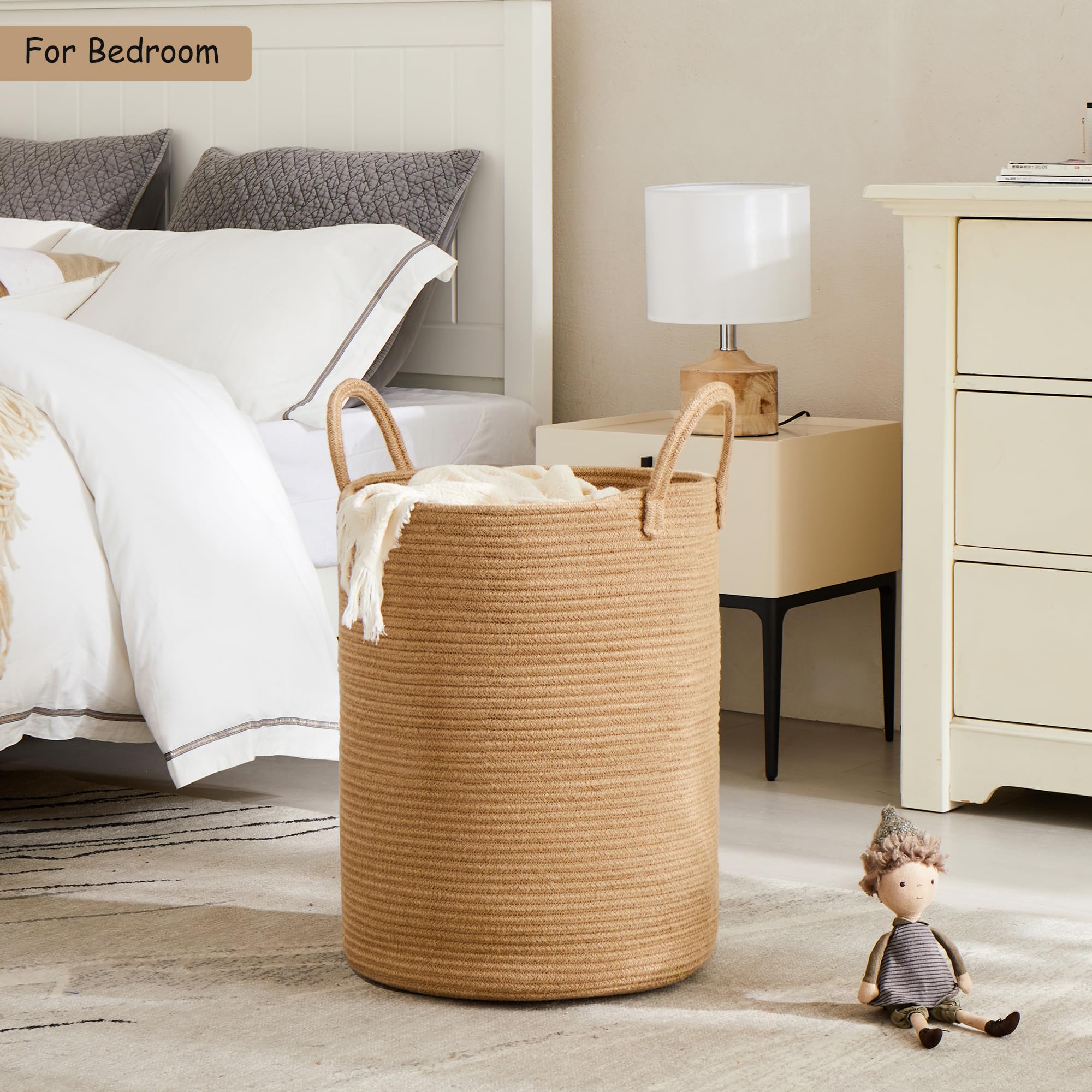 Mojoscend Jute Woven Rope Laundry Hamper Basket, 15Dx20H Inches Tall Hamper Basket For Blanket Storage, Nursery Clothes Hamper F