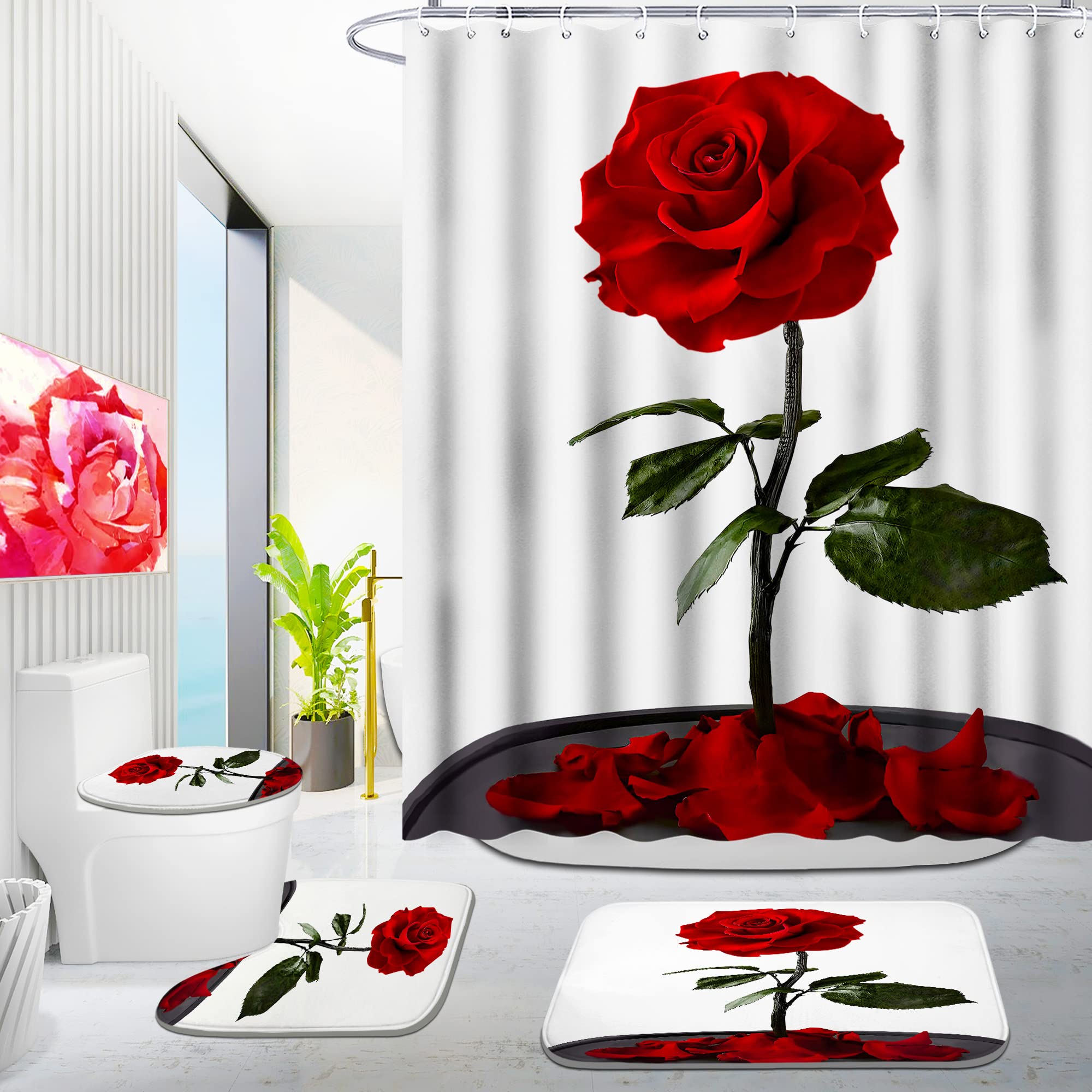 Poedist 4 Pcs Shower Curtain Set, Red Rose Bathroom Set,Romantic Shower Curtain Sets With Rugs(Bath Mat,U Shape And Toilet Lid C
