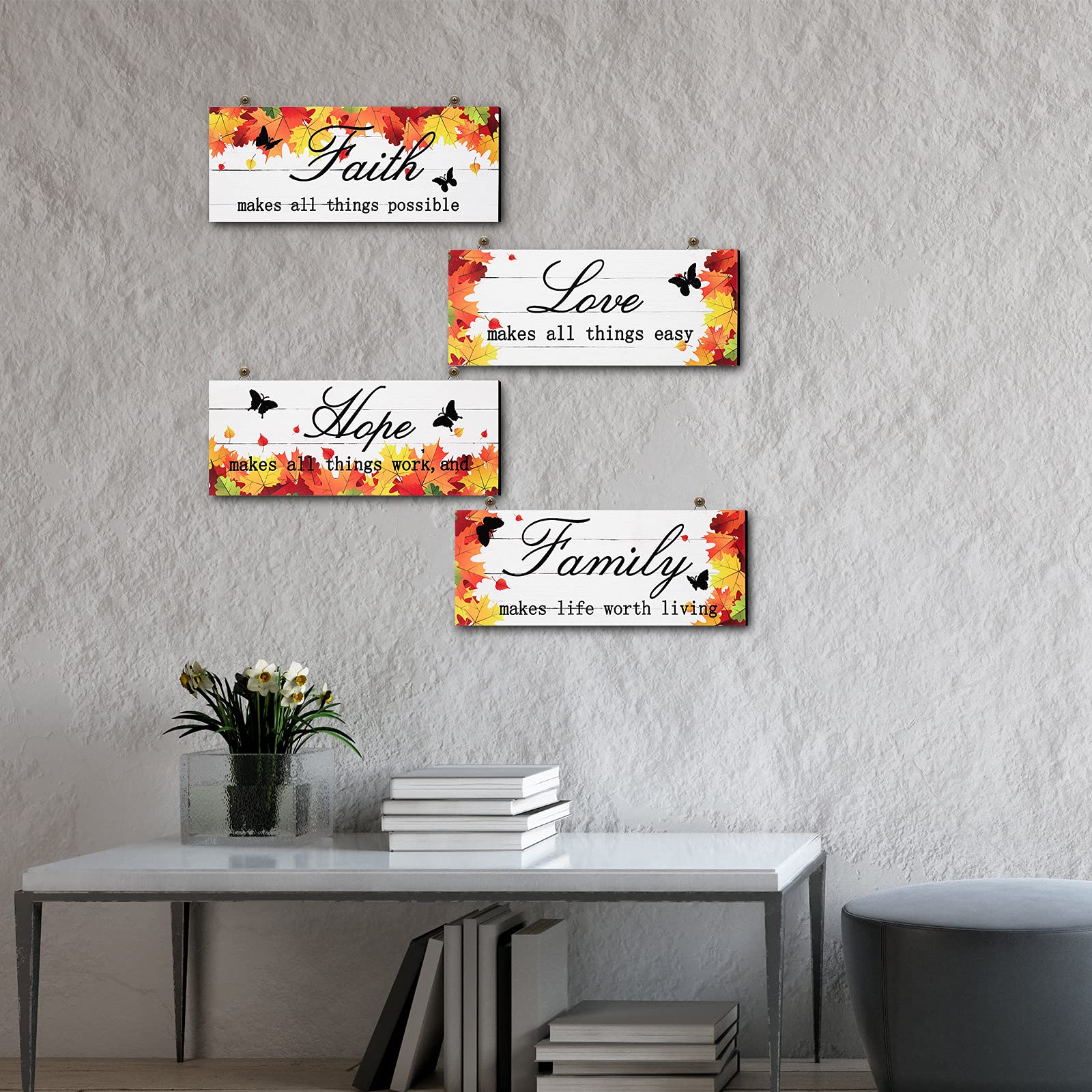 4 Pieces Thanksgiving Fall Door Decoration Maple Door Plaque Faith Hope Family Wood Sign Maple Leaf Hanging Sign Rustic Farmhous