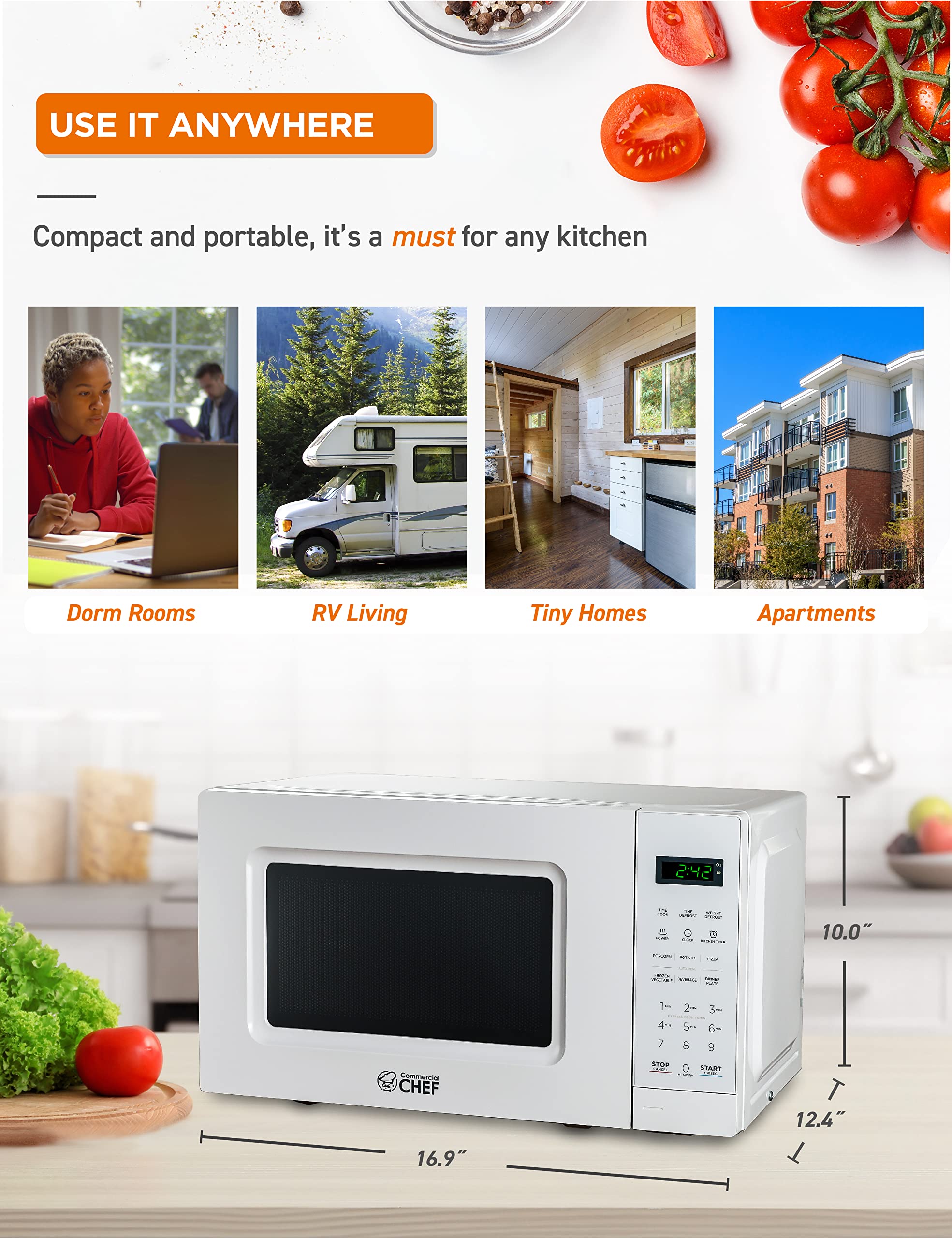 COMMERCIAL CHEF 0.7 Cu Ft Microwave with 10 Power Levels  700W Microwave with Digital Display  Countertop Microwave with Child Safety Door Lock  Programmable with Push Button  White