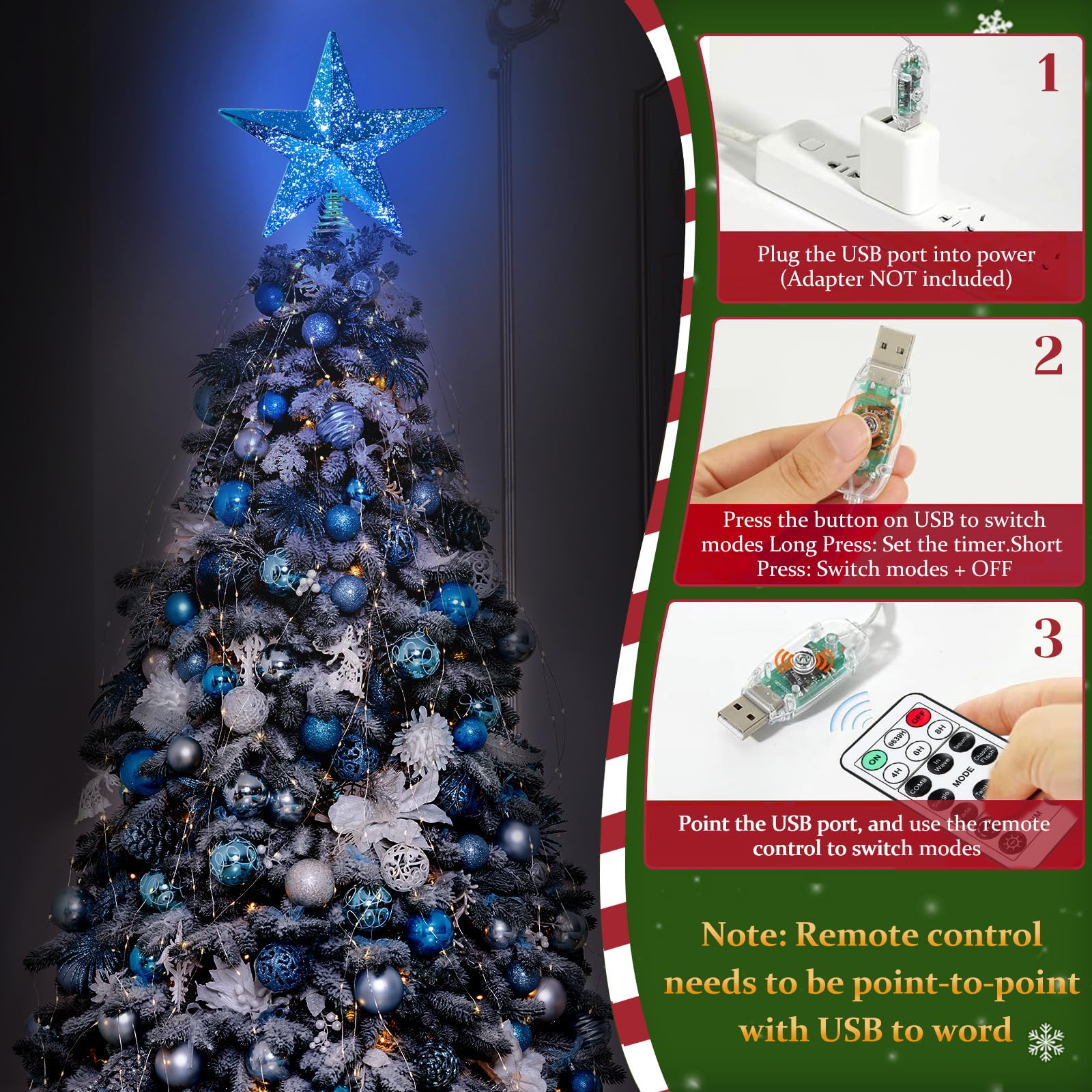 Blue Christmas Tree Star Topper with Lights, 8.5-Inch Light-Up Christmas Tree Topper with Remote Control, 4 Brightness Levels &