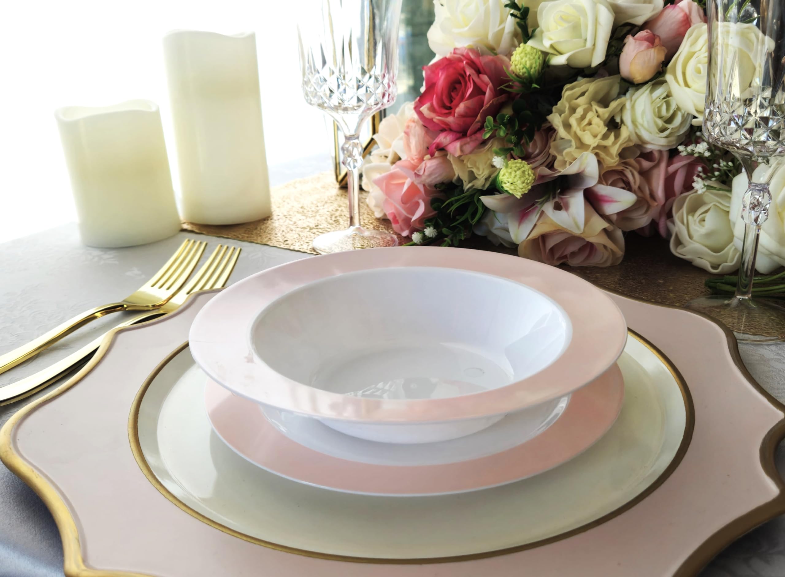' Occasions '' 40 Pieces Plates Pack, Disposable Wedding Party Plastic Bowls (12 Oz Soup Bowl, White In White & Pearled Pink Bl