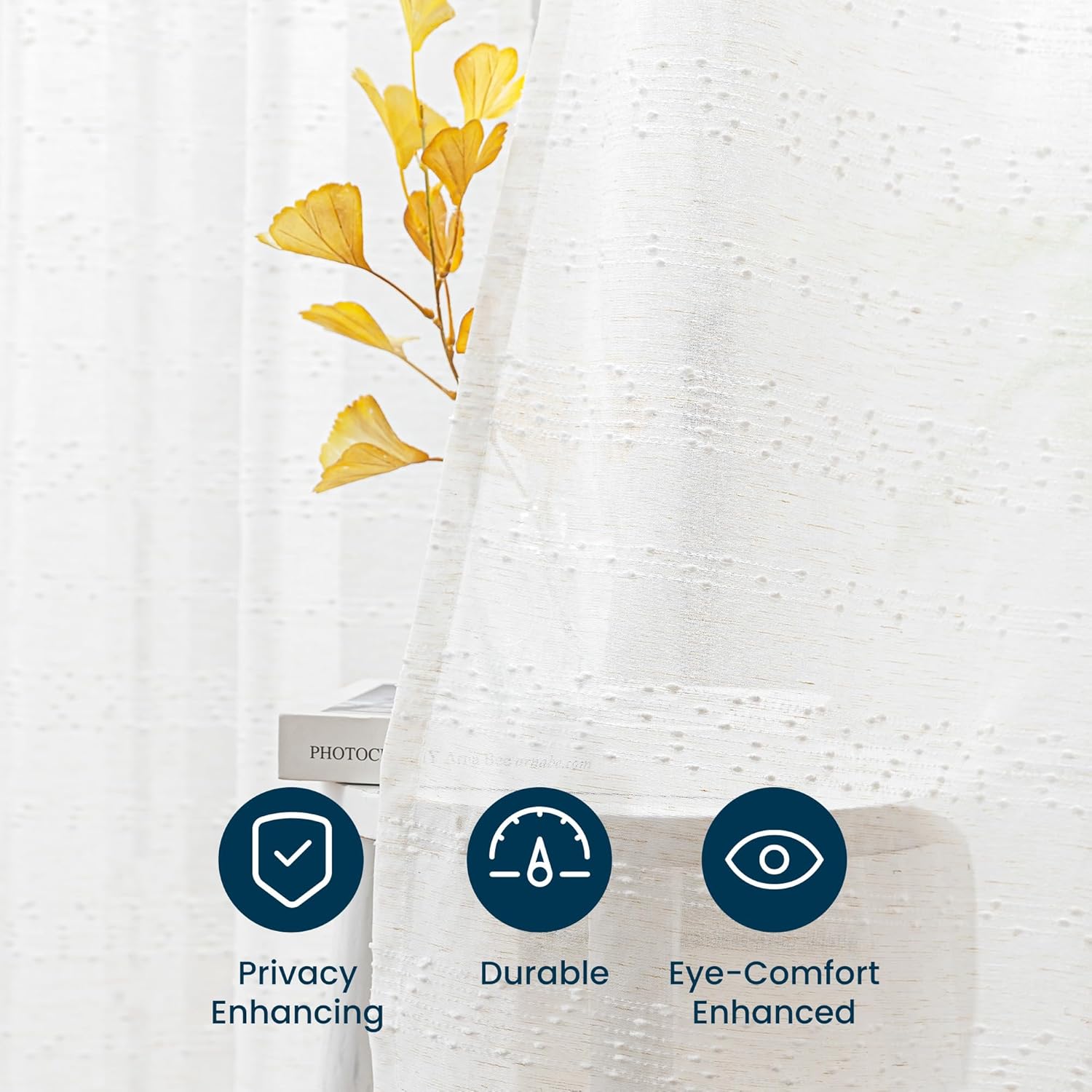 White Farmhouse Washable Semi Sheer Curtains for Living Room & Bedroom