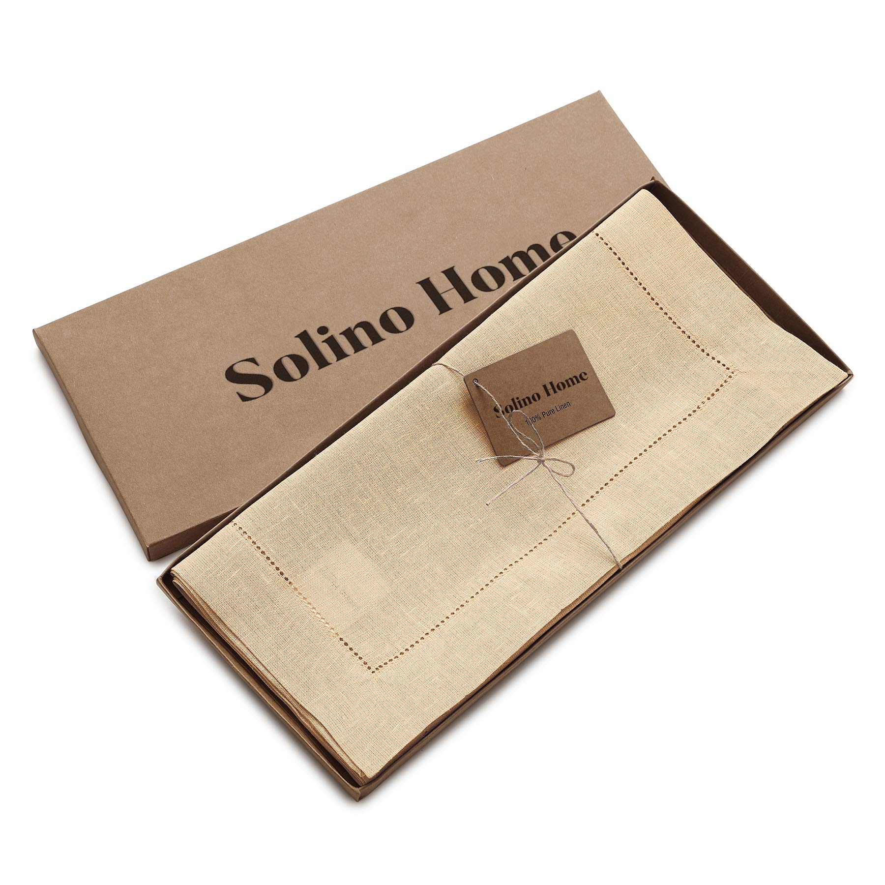 Solino Home Linen Beige Table Runner 108 Inches Long - 100% Pure Linen Classic Hemstitch Dining Table Runner 16 X 108 Inch Ideal