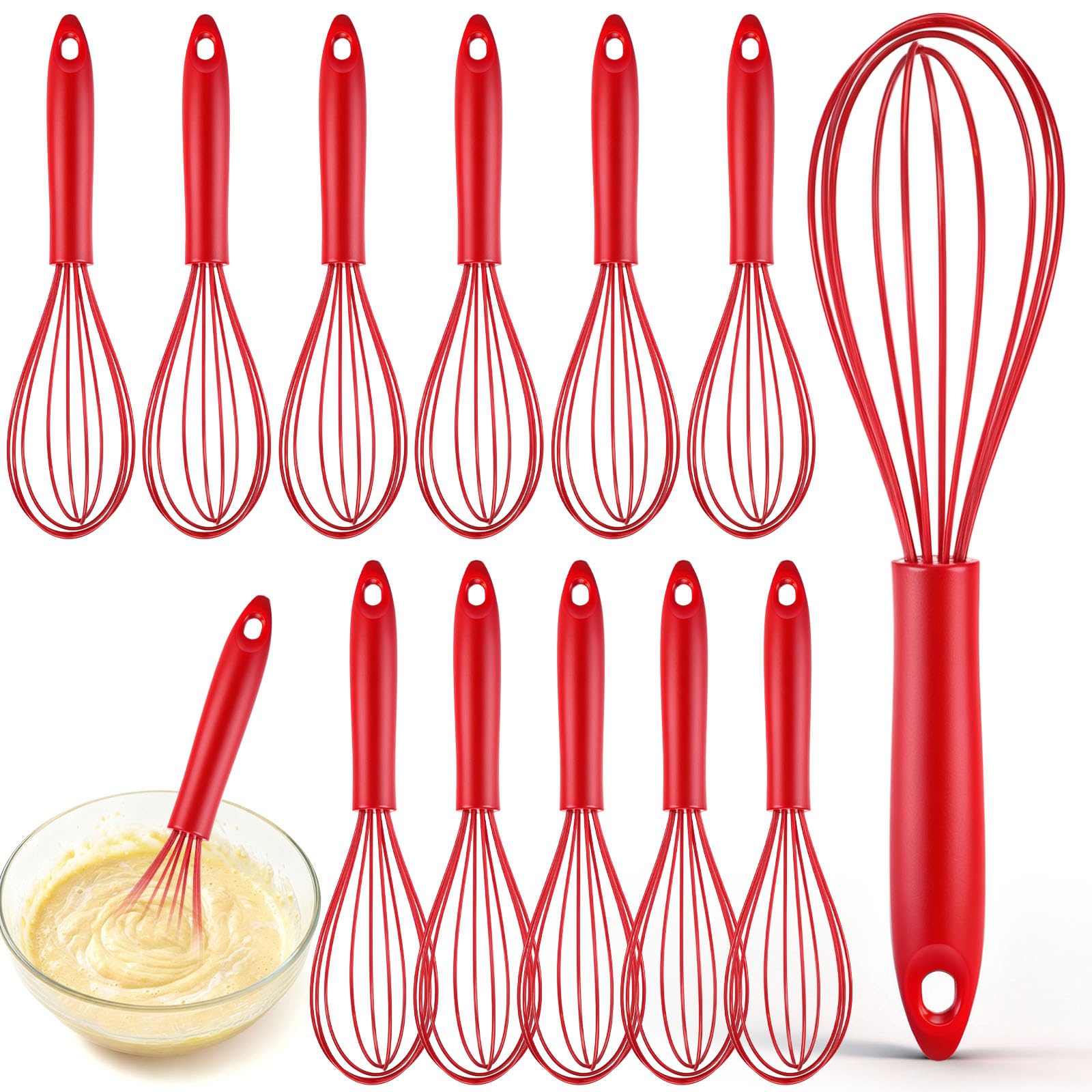 Domensi 12 Pcs 10 Inch Red Silicone Whisk Non Scratch Balloon Wire Whisk For Cooking Manual Egg Beater Milk Coffee Frother, Baki