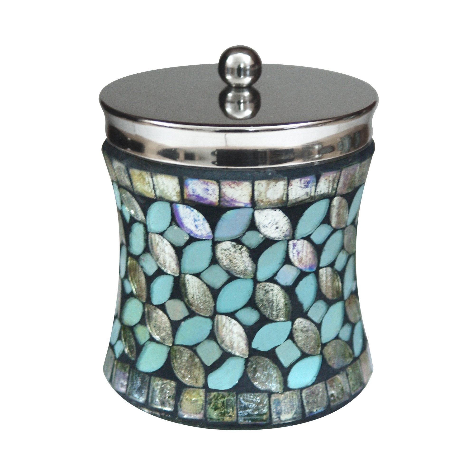Nu Steel Sea Foam Q-Tip Jar In Aqua Blue/Silver Glass Mosaic/ Stainless Steel For Bathrooms & Vanity Spaces