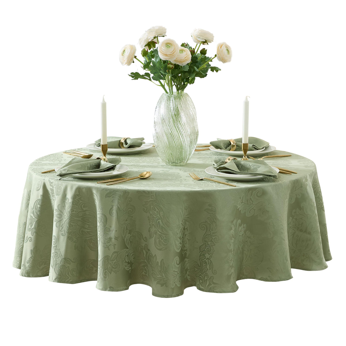Newbridge Barcelona Damask Fabric Tablecloth, 90 Inch Round, Sage Gree ...