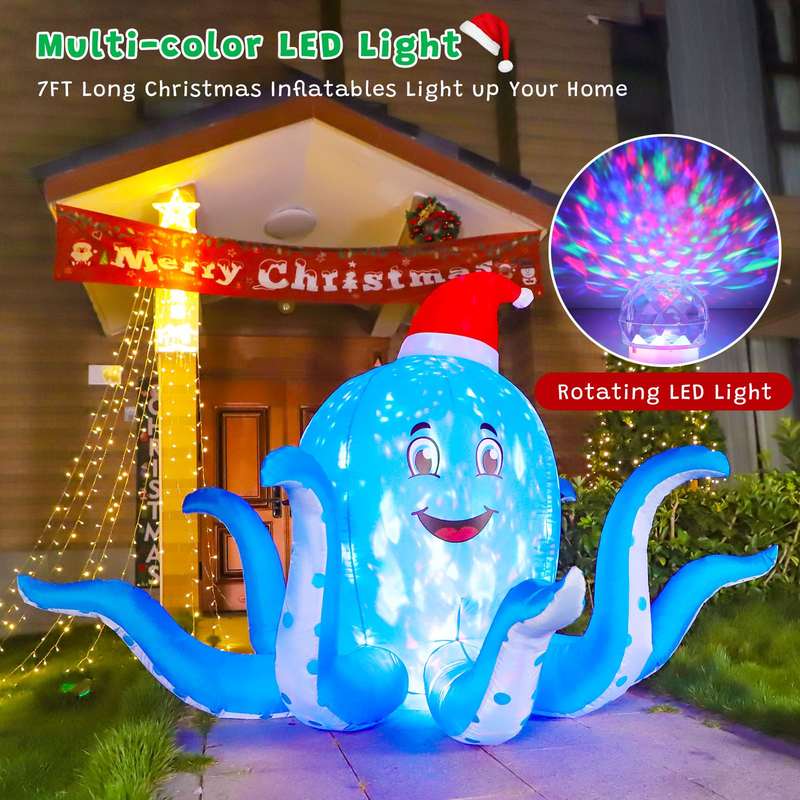 FunFanso 7FT Christmas Inflatable Octopus Outdoor Decorations, Blow up Blue Octopus with Xmas Hat Indoor Decor, Built-in Rotatin