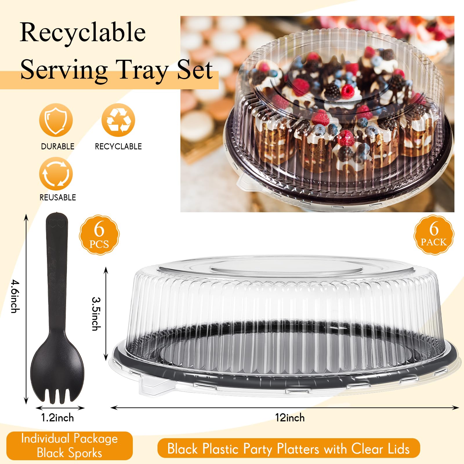 Tessco 6 Pack Heavy Duty Serving Tray With Clear Lid And Sporks, Large Plastic Tray With Elegant Platter Round Disposable For Sa