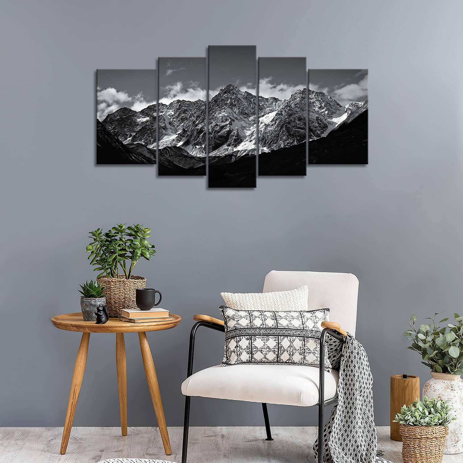 Canvas Wall Art Mountain Black And White Snow Mountain Landscape Picture 5 Pieces Prints On Canvas Modern Giclee Framed Artwork