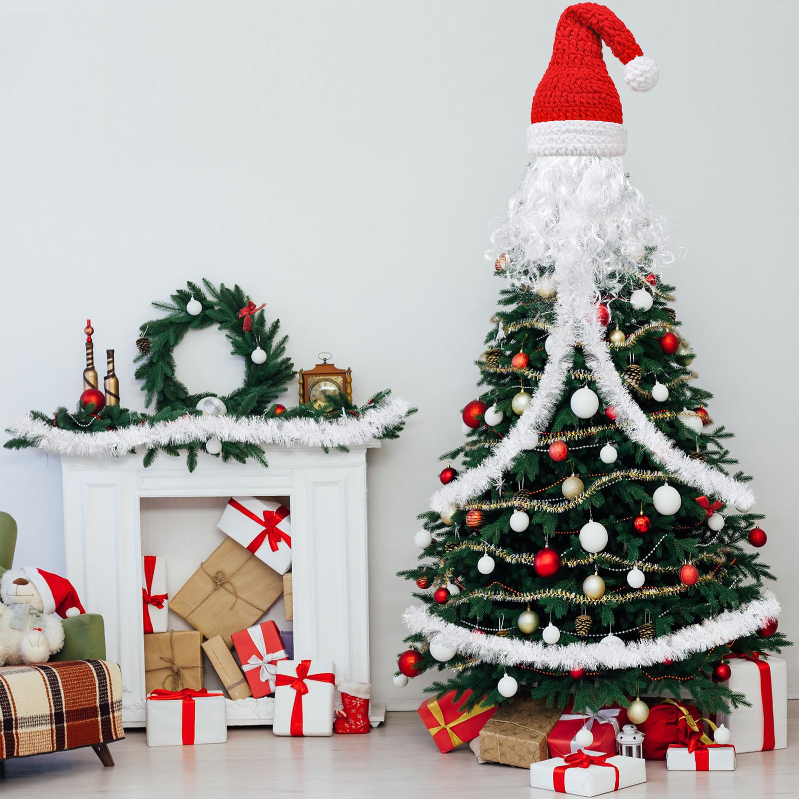 Gejoy 5 Pcs Santa Christmas Tree Christmas Santa Claus Decor Red Crochet Xmas Hat with White Beard and Foil Tinsel Clothes Garla