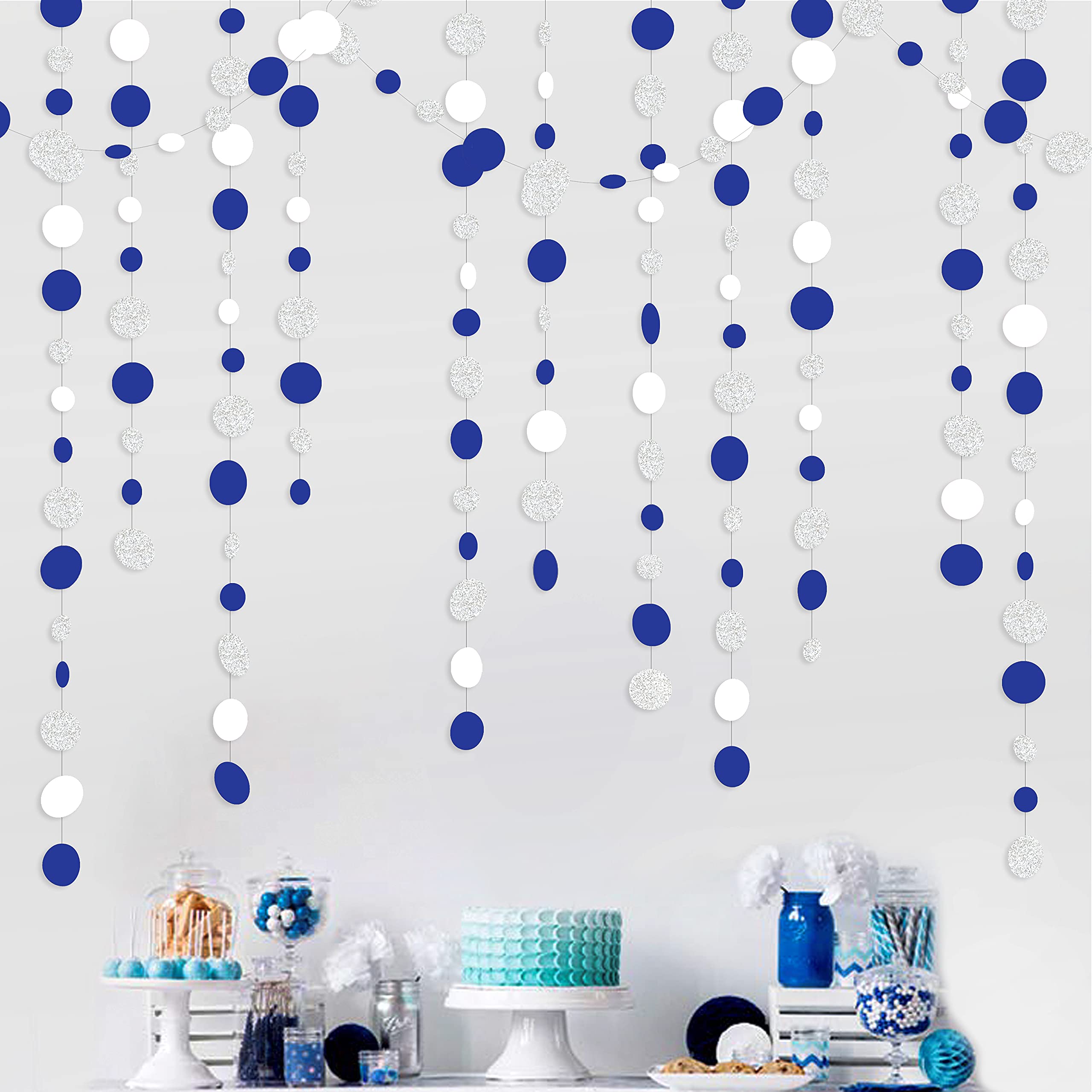 46 Feet Navy Blue White And Silver Circle Dots Garland Royal Blue Hanging Paper Polka Dots Streamer For Birthday Wedding Bridal