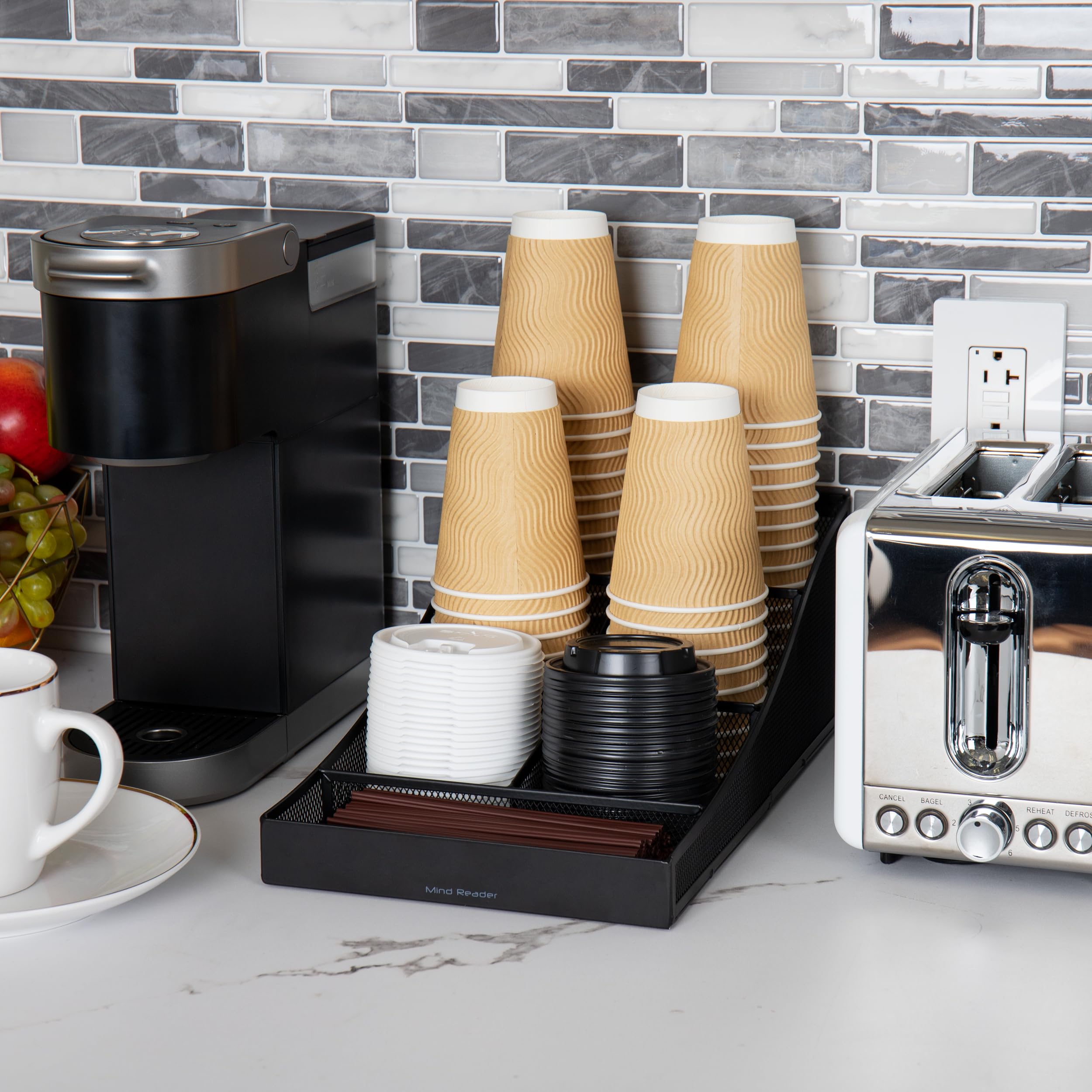 Mind Reader Cup And Condiment Station, Countertop Organizer, Coffee Bar, Kitchen, Metal Mesh, 8.5''L X 14.5''W X 5.25''H, Black