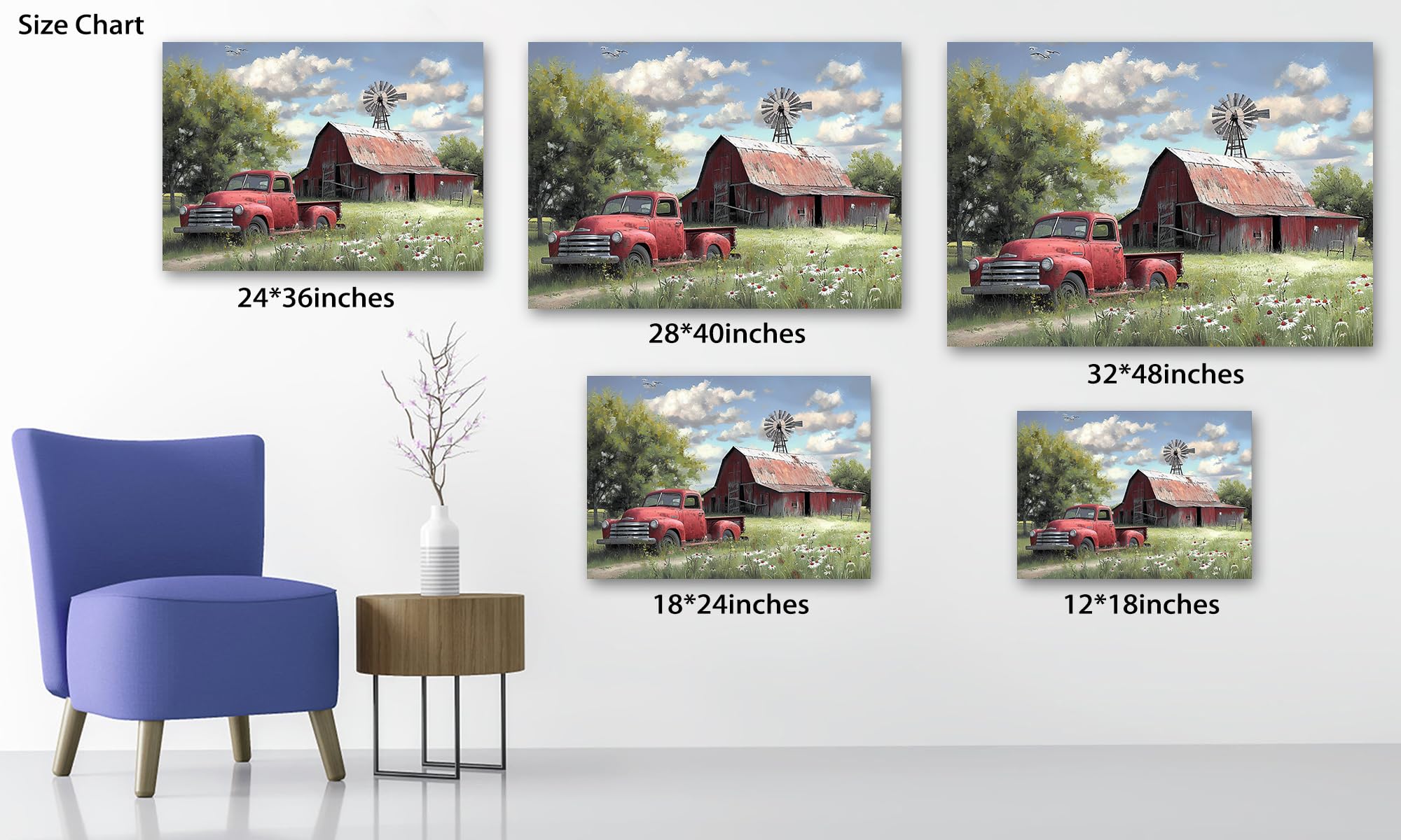 Farmhouse Old Truck Canvas Wall Art, Rustic Barn Pictures Wall Art, Vintage Country Pickup Truck Canvas Prints, Red Truck With G
