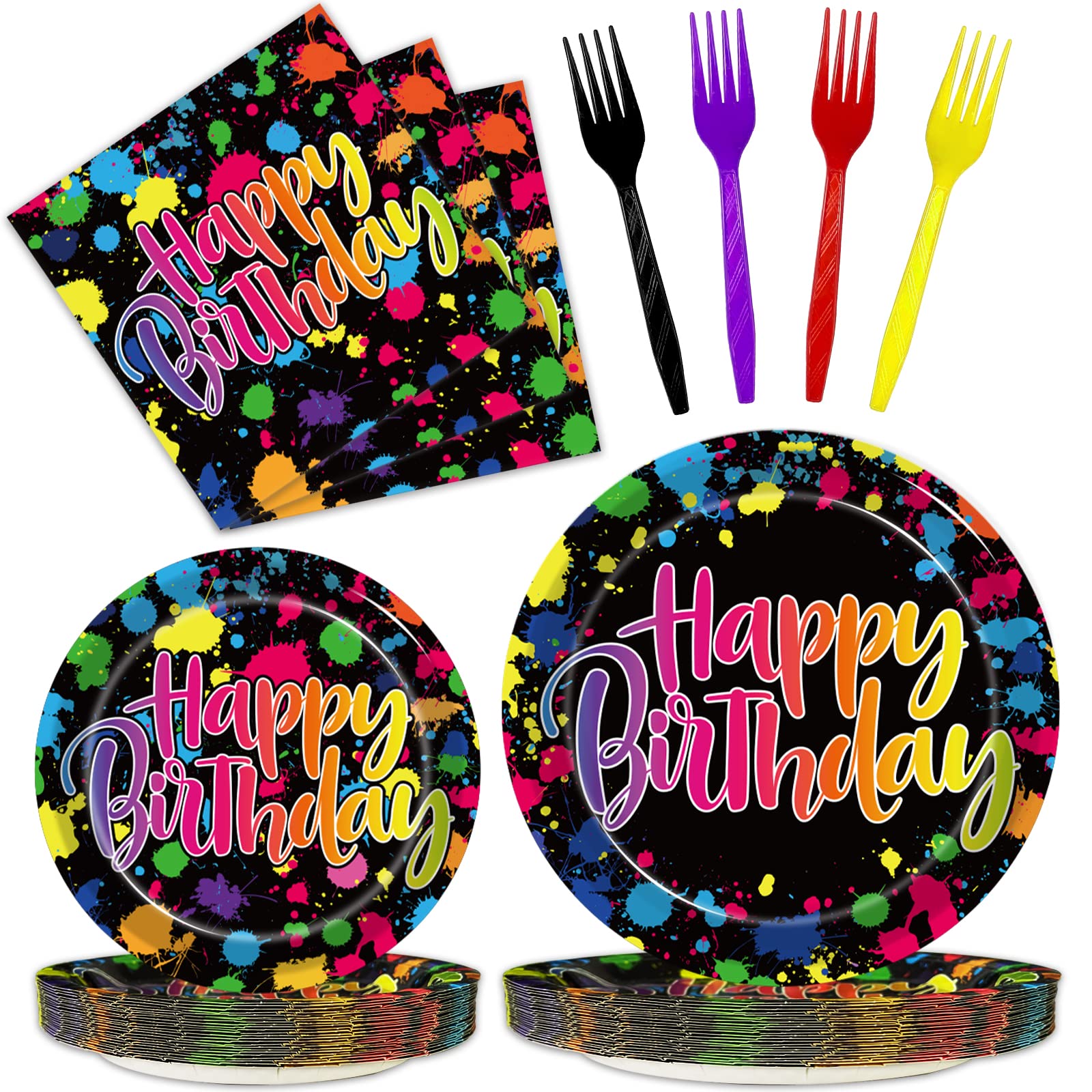 Kepeel 96 Pcs Neon Party Plates, Glow Birthday Party Supplies Disposable Paper Plates Dessert Napkins Glow In The Dark Favors De