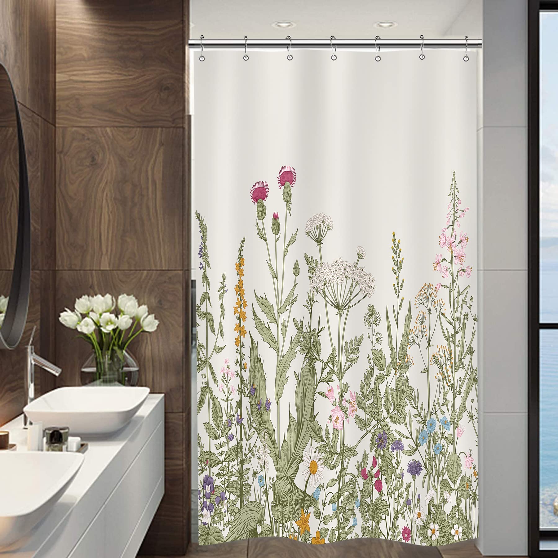 Riyidecor Stall Wildflower Small Half Shower Curtain 36Wx72H Inch Farmhouse Flower Botanical Floral Plant Herbs Vintage Decor Ba