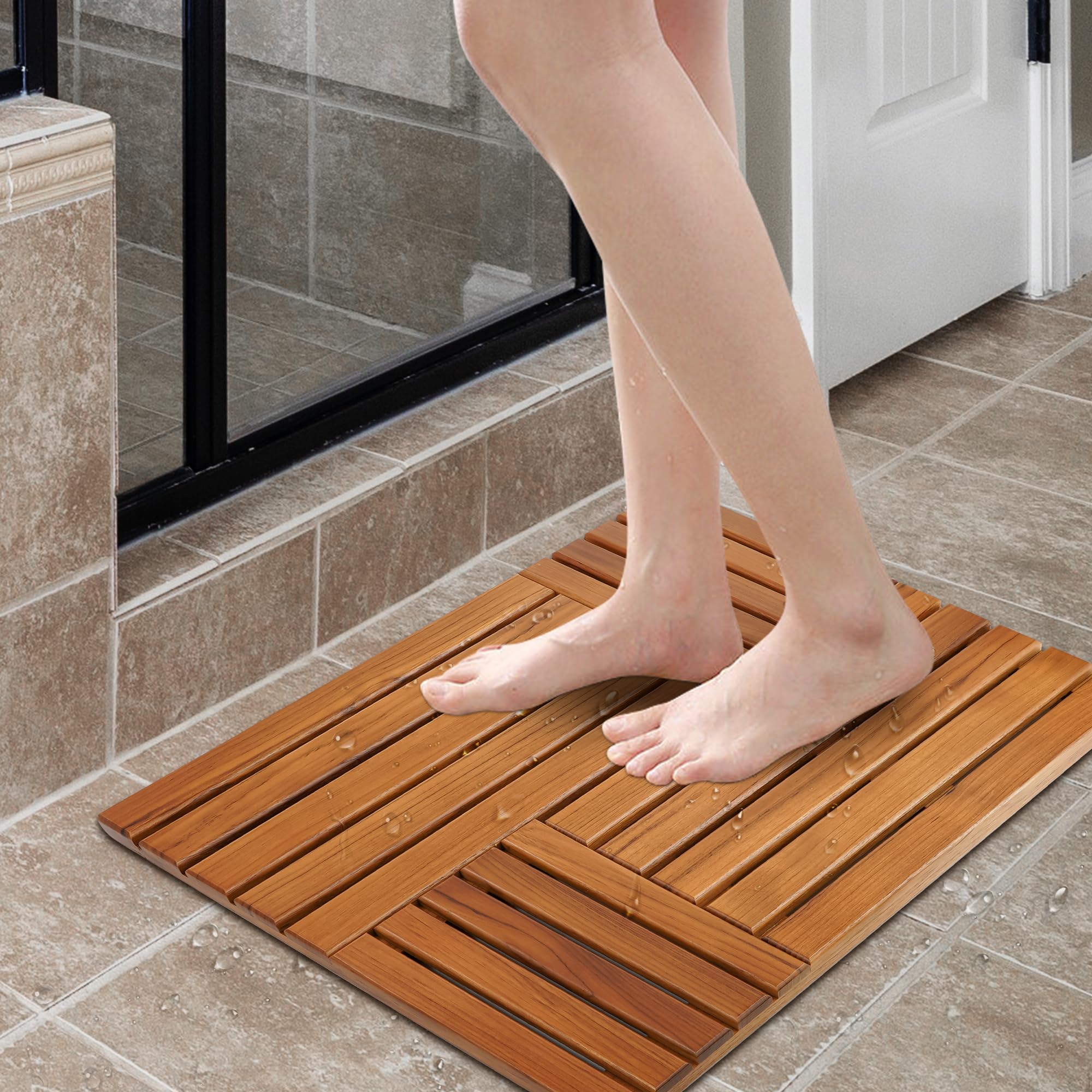 Utoplike Teak Wood Bath Mat, 31.8 X 20 Inch Large Wooden Shower Mat For Bathroom, Non Slip Wood Floor Sturdy Mat For Inside Show