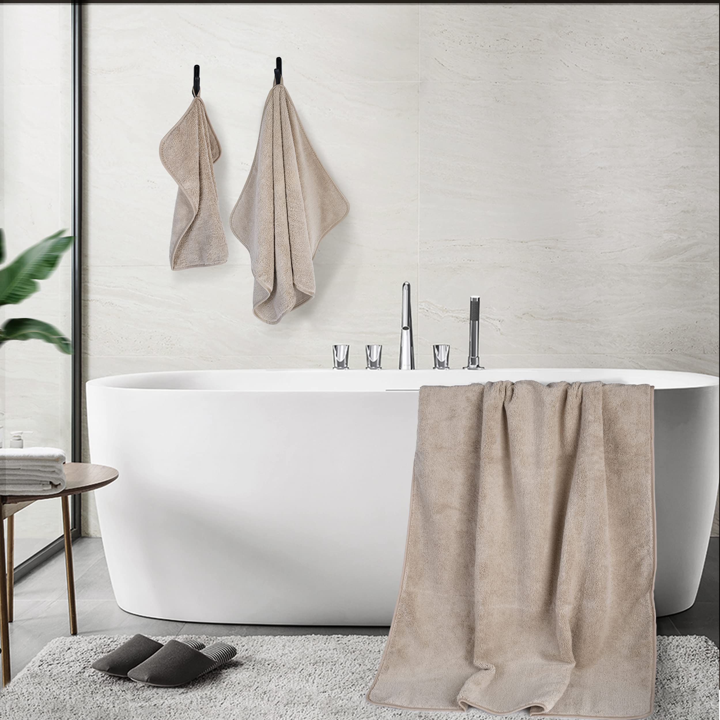 Polyte Oversize, 60 X 30 In., Quick Dry Lint Free Microfiber Bath Towel Set, 6 Piece (Beige)