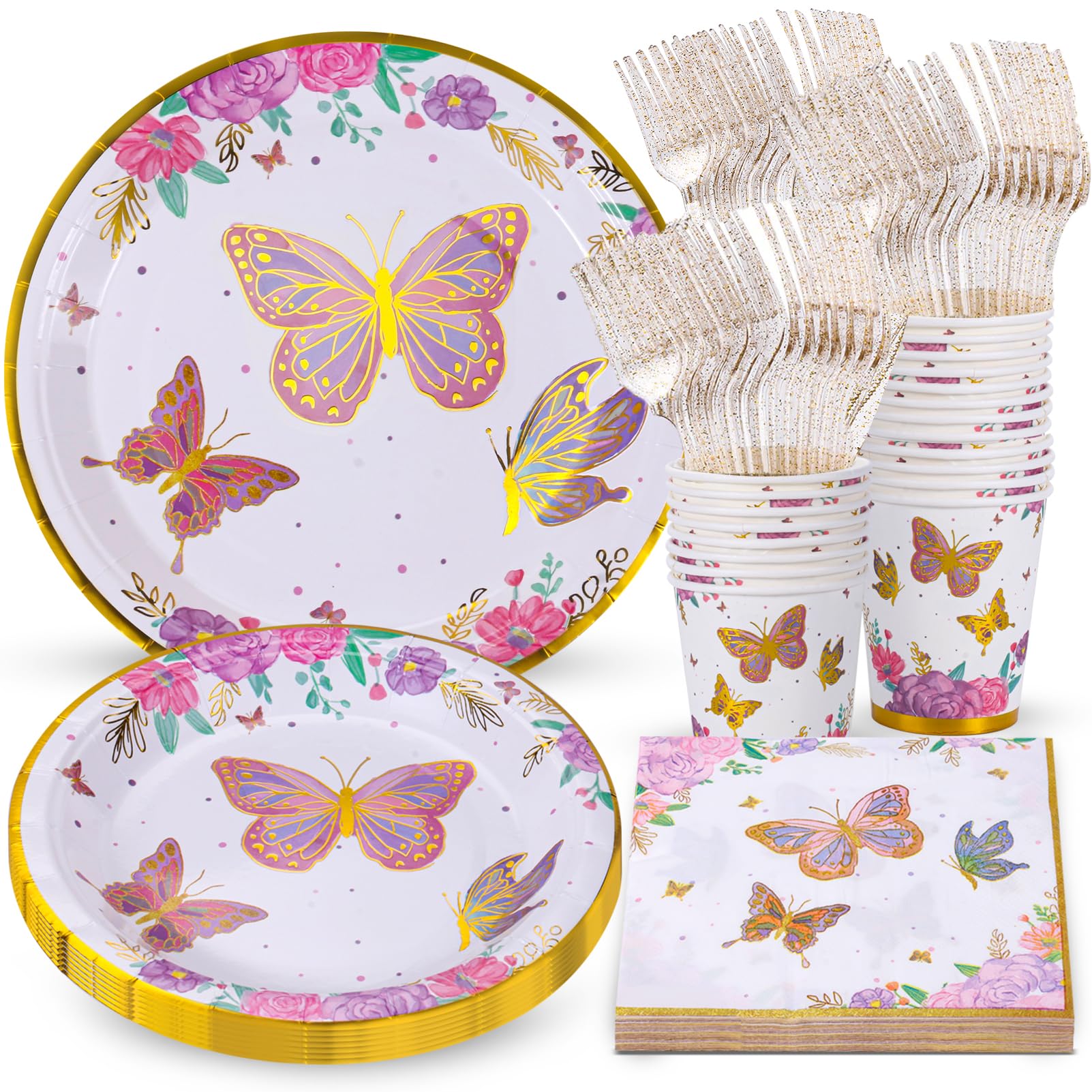Atonofun Butterfly Birthday Party Supplies  Butterfly Party Plates  Cups  Napkins and Cutlery  Butterfly Party Decorations for Baby Shower  Birthday  Butterfly Fairy Themed Parties Serves 24