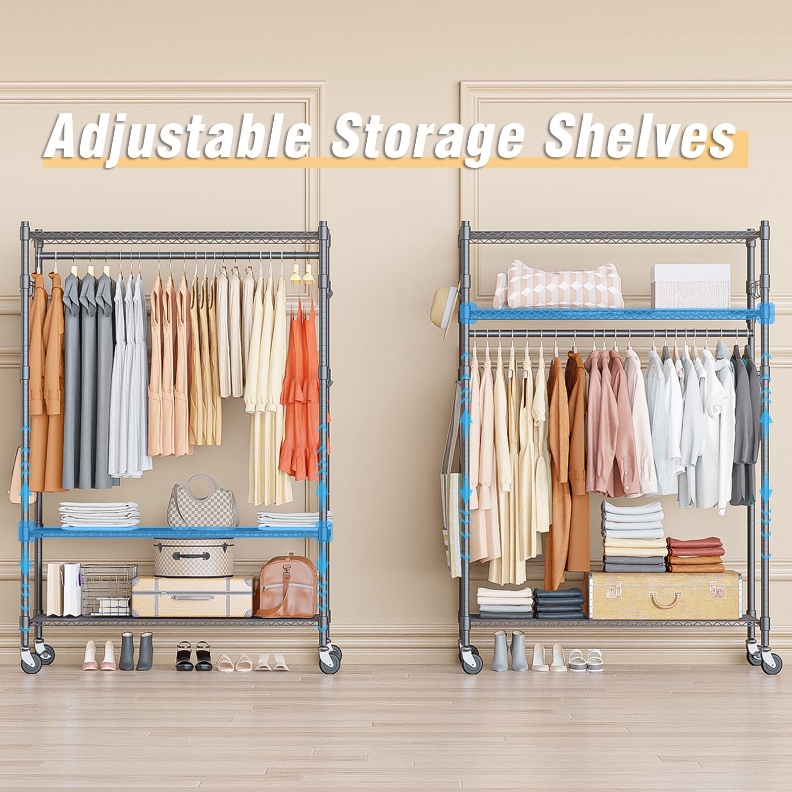 Homdox Heavy Duty Rolling Clothing Rack, Adjustable Garment Rack With 3 Tier Storage Shelves, Freestanding Closet Wardrobe For H