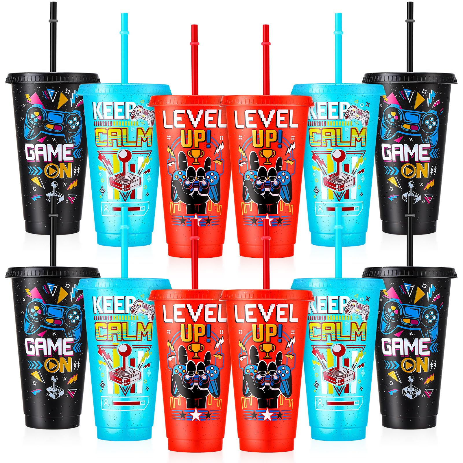 XLSXEXCL 12 Pcs Gamer Party Cups with Lids and Straws Video Game Tumbler 24 oz Plastic Drinking Cups for Gaming Party Favors